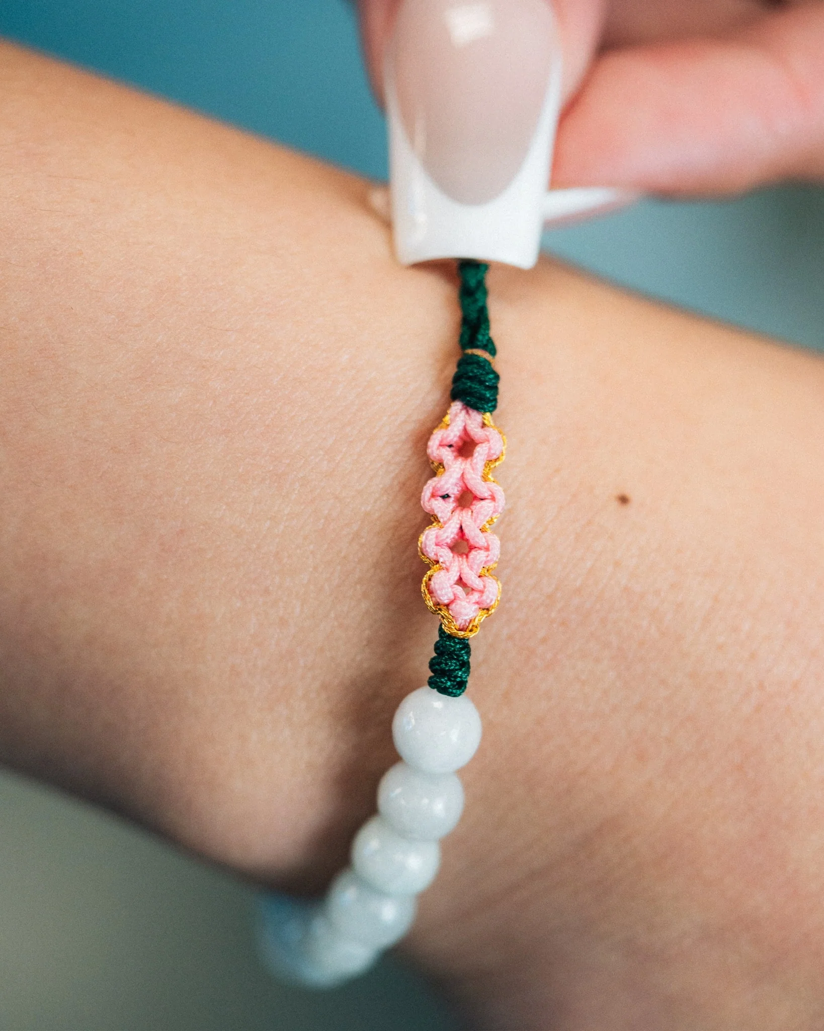 White Beaded Rope Serene Blossom Jade Bracelet - Image 2