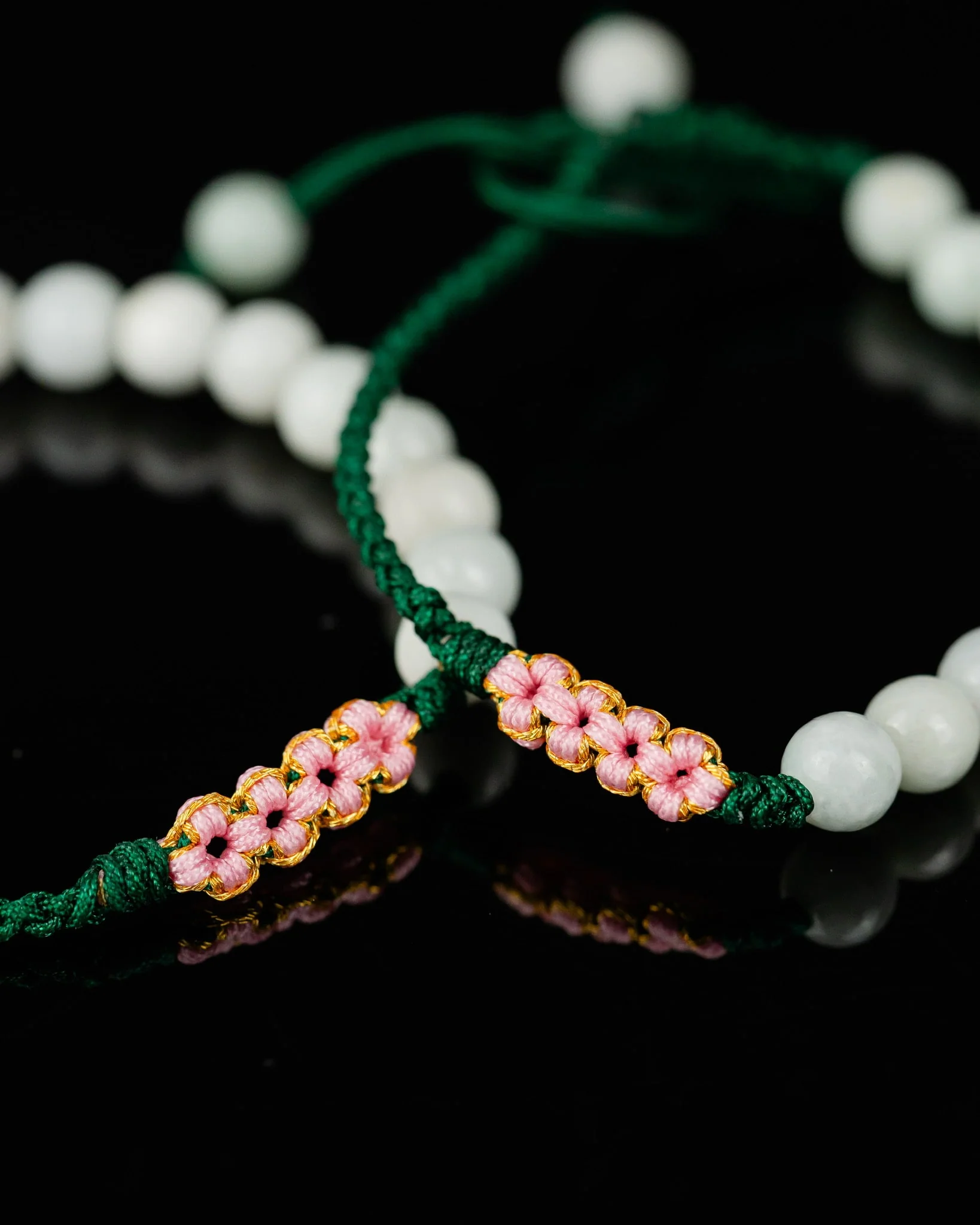 White Beaded Rope Serene Blossom Jade Bracelet - Image 3