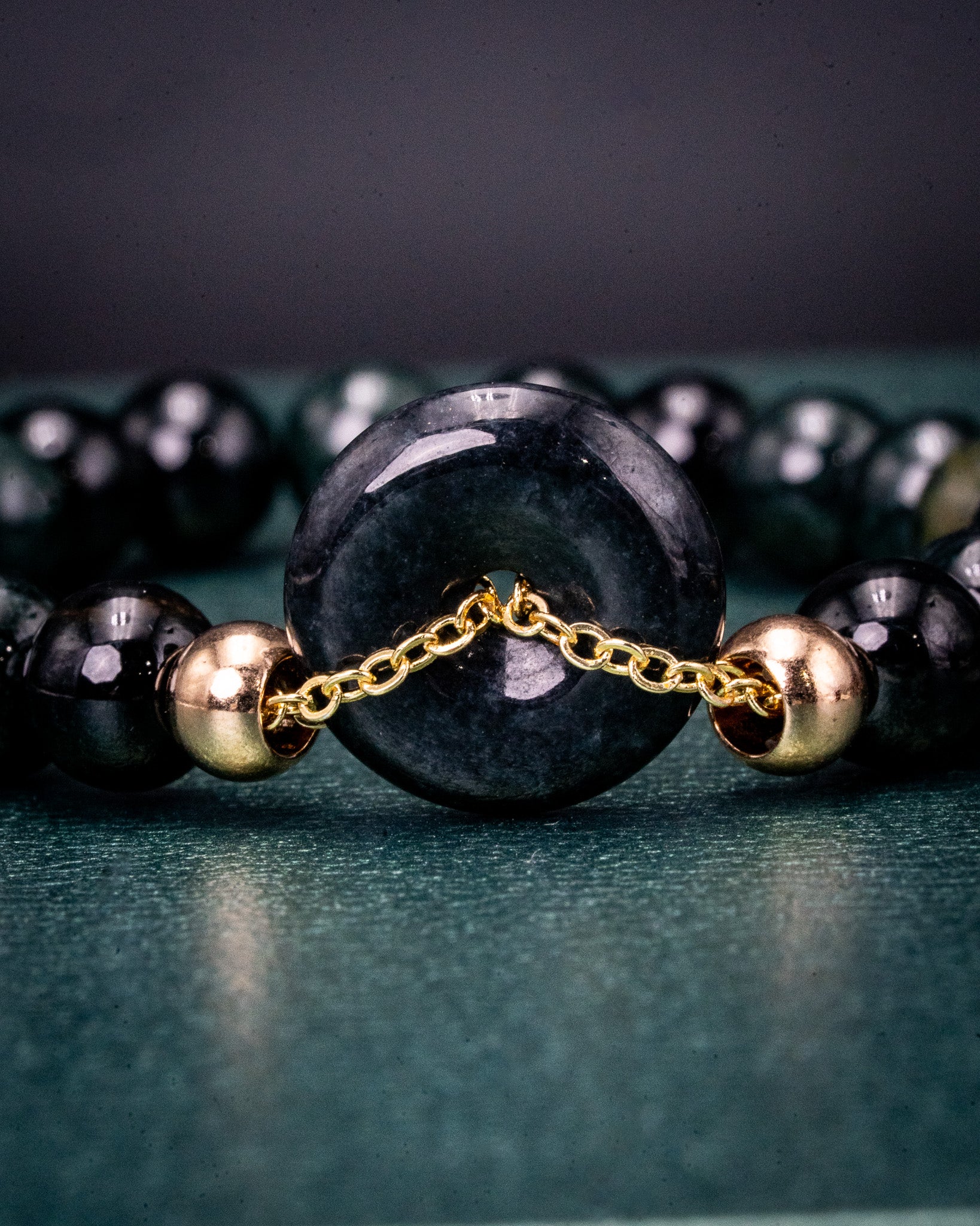 Black Donut Gold Chain Bead Jade Bracelet - Image 2