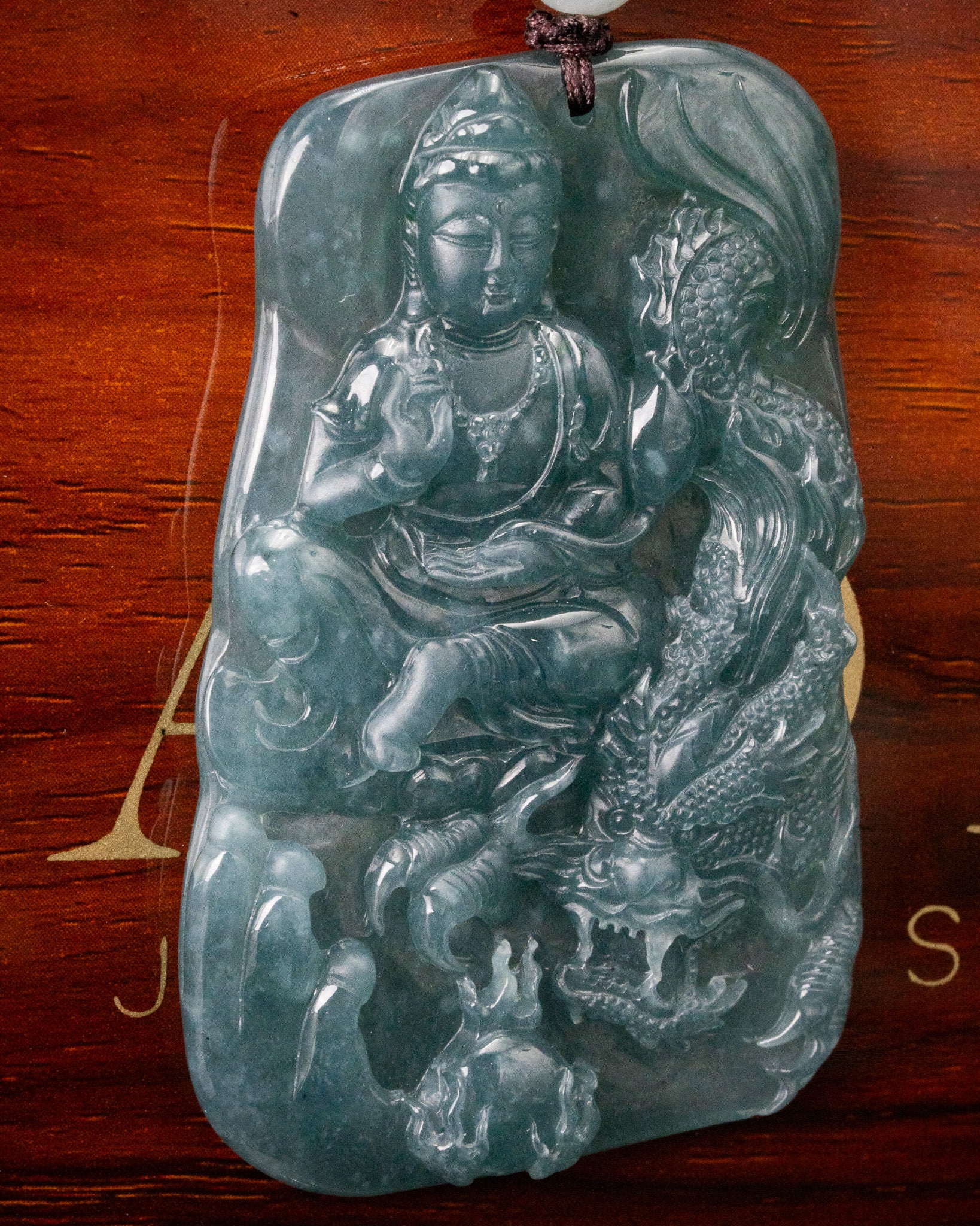Blue Water Meditating Buddha Gliding Dragon Jade Pendant - Image 2