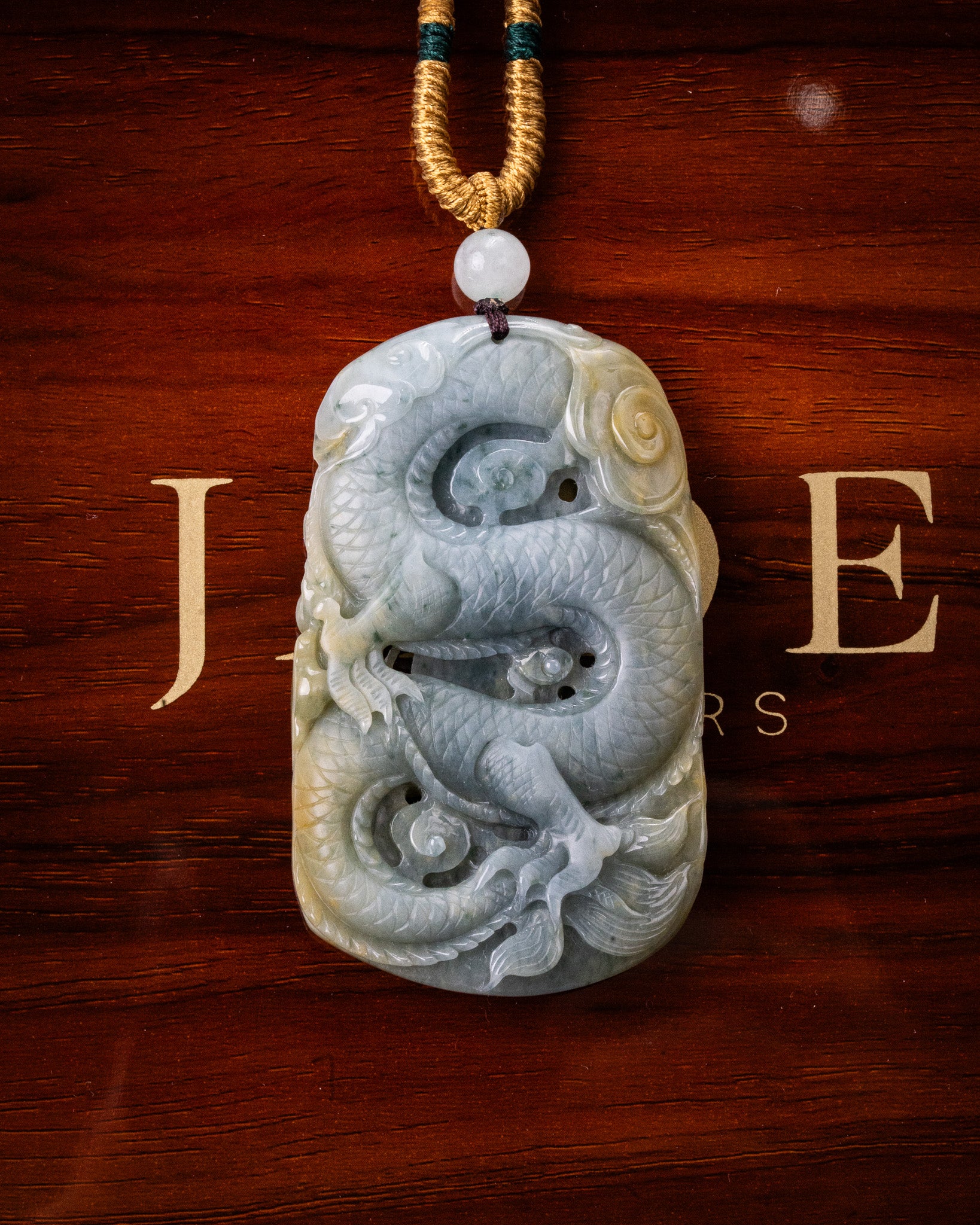 Blue/Yellow Laughing Buddha Flying Dragon Jade Pendant - Image 2