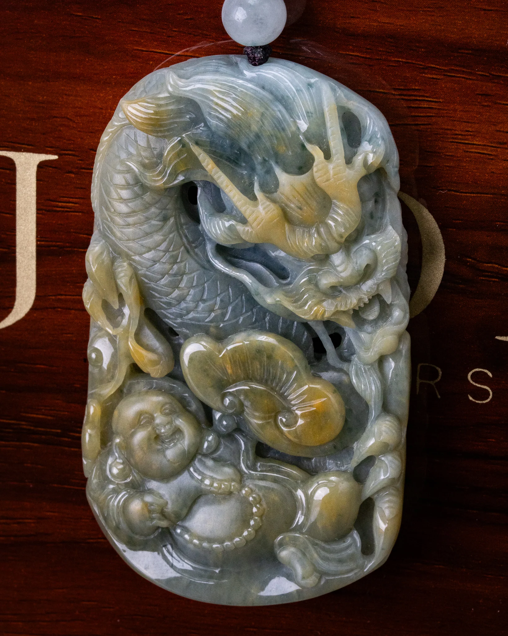 Blue/Yellow Laughing Buddha Flying Dragon Jade Pendant - Image 4