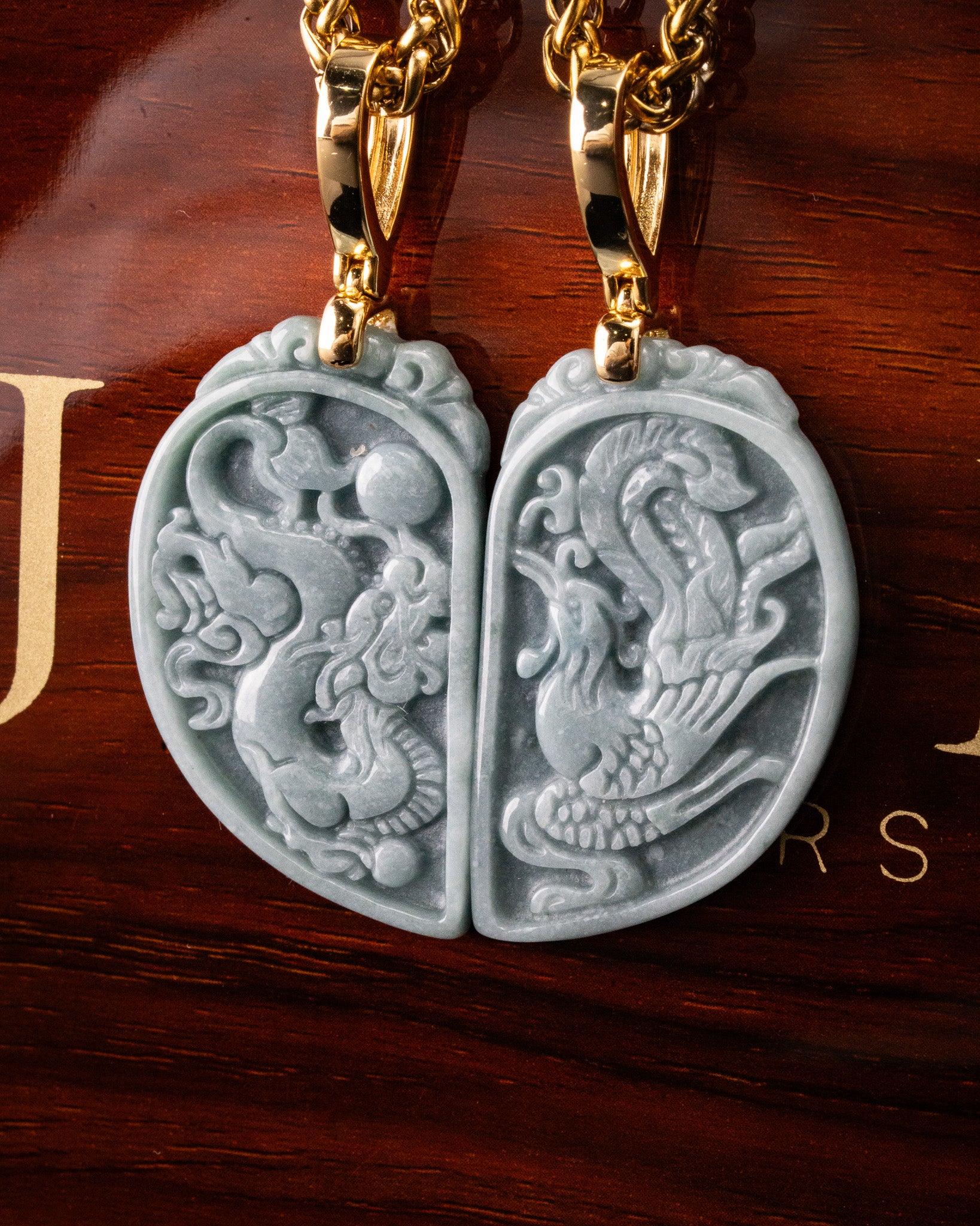 Dragon/Phoenix Split Heart Jade Couples Pendant - Image 2