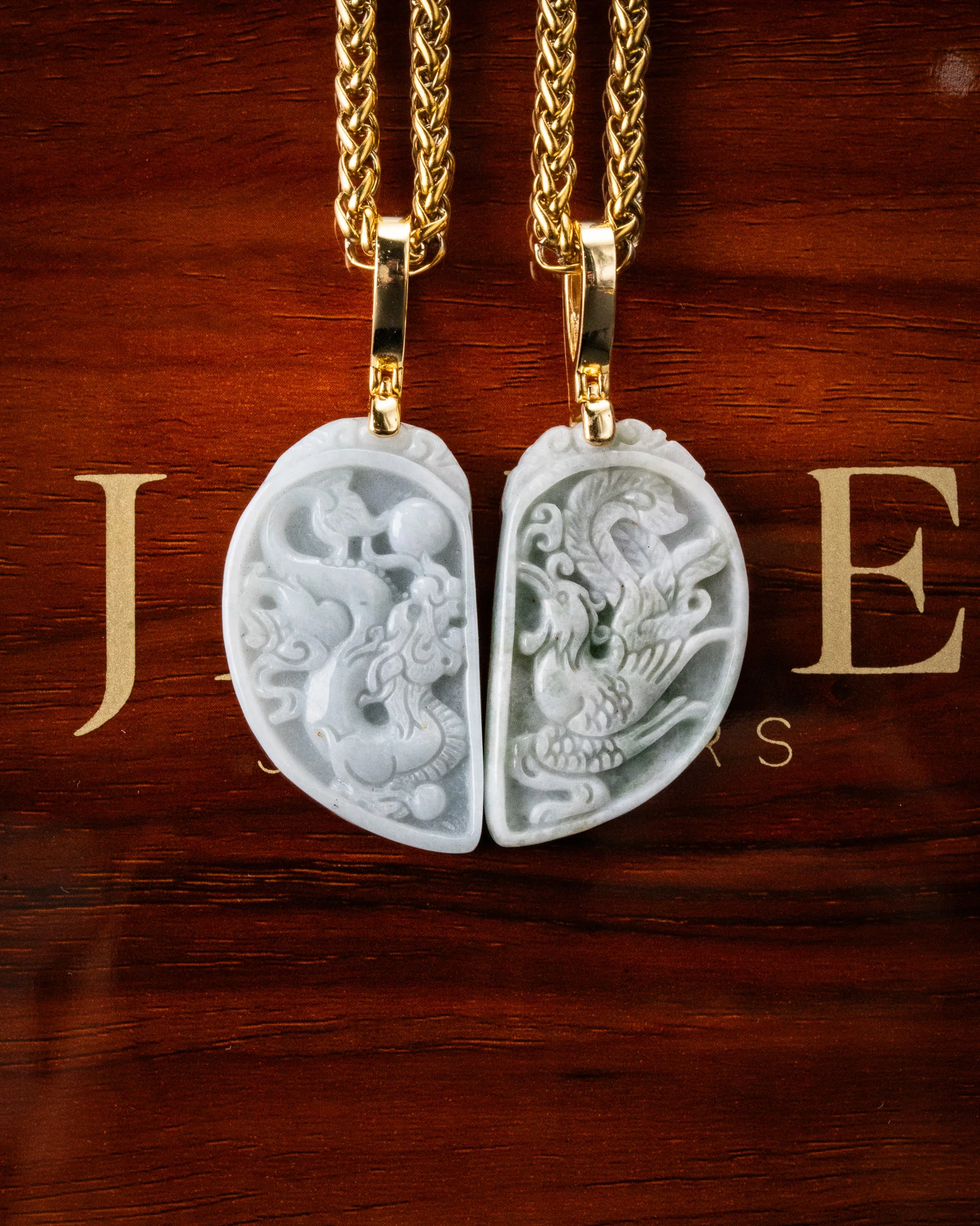 Dragon/Phoenix Split Heart Jade Couples Pendant - Image 3
