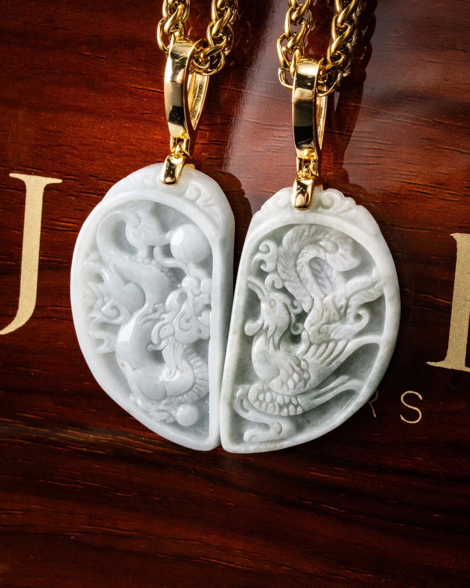Dragon/Phoenix Split Heart Jade Couples Pendant - Image 4