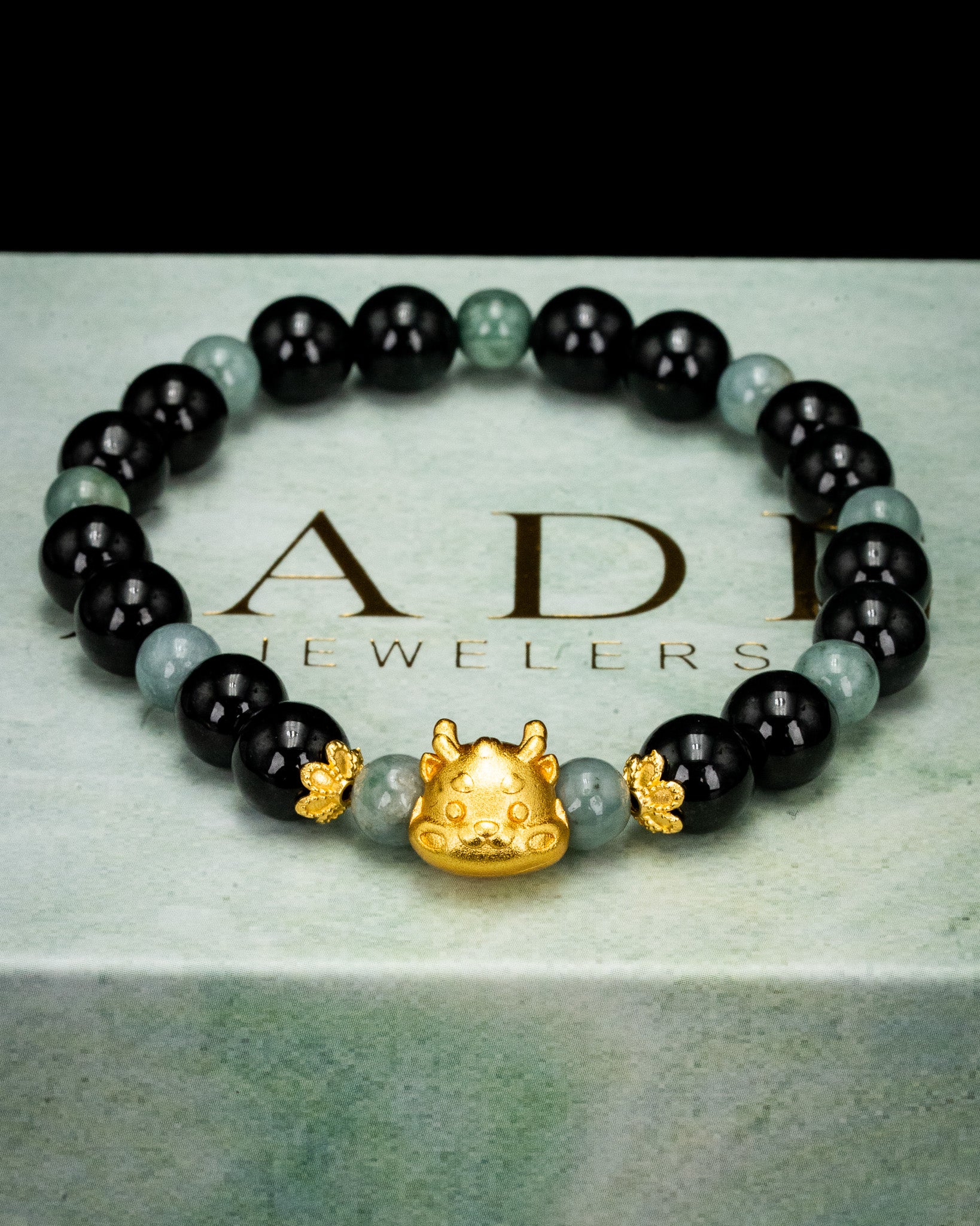 Gold Baby Lion Dancer Two-Toned Black/Green Beaded Jade Bracelet - Image 3