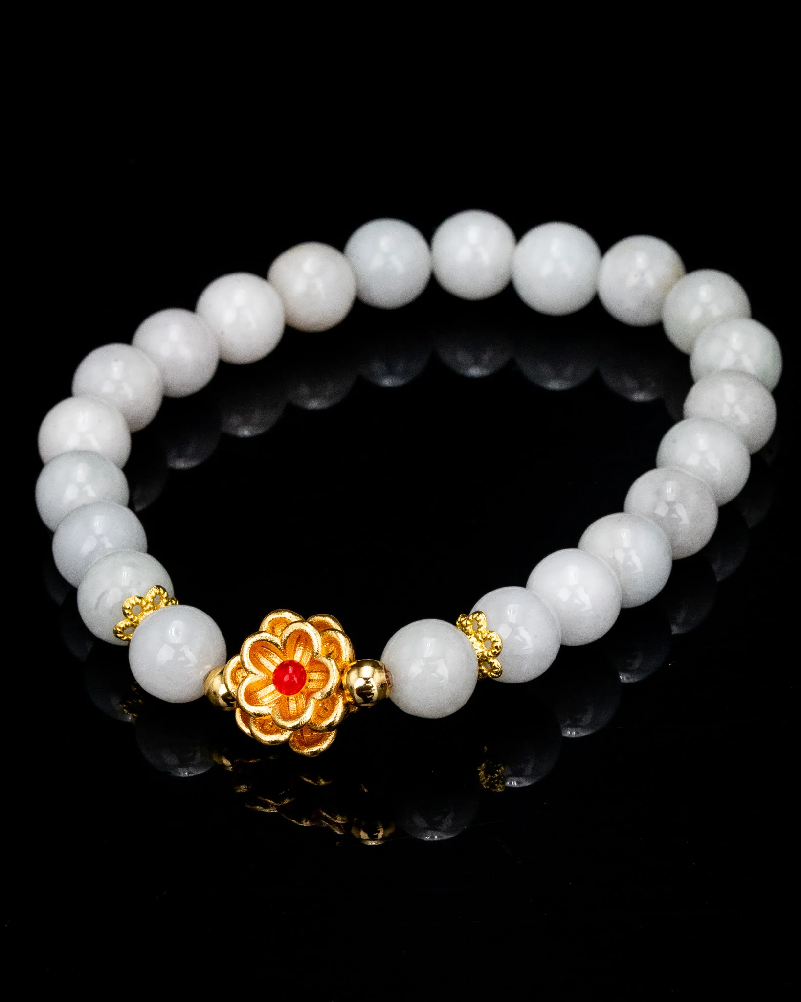 Gold Blooming Flower White Beaded Jade Bracelet