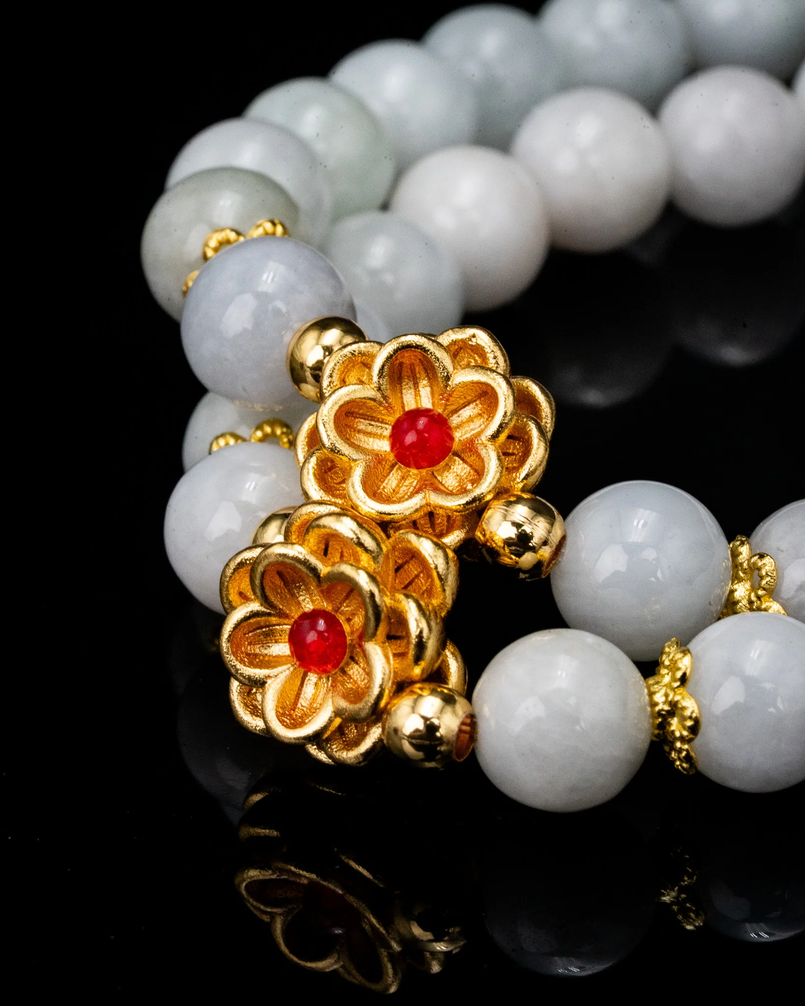 Gold Blooming Flower White Beaded Jade Bracelet - Image 2