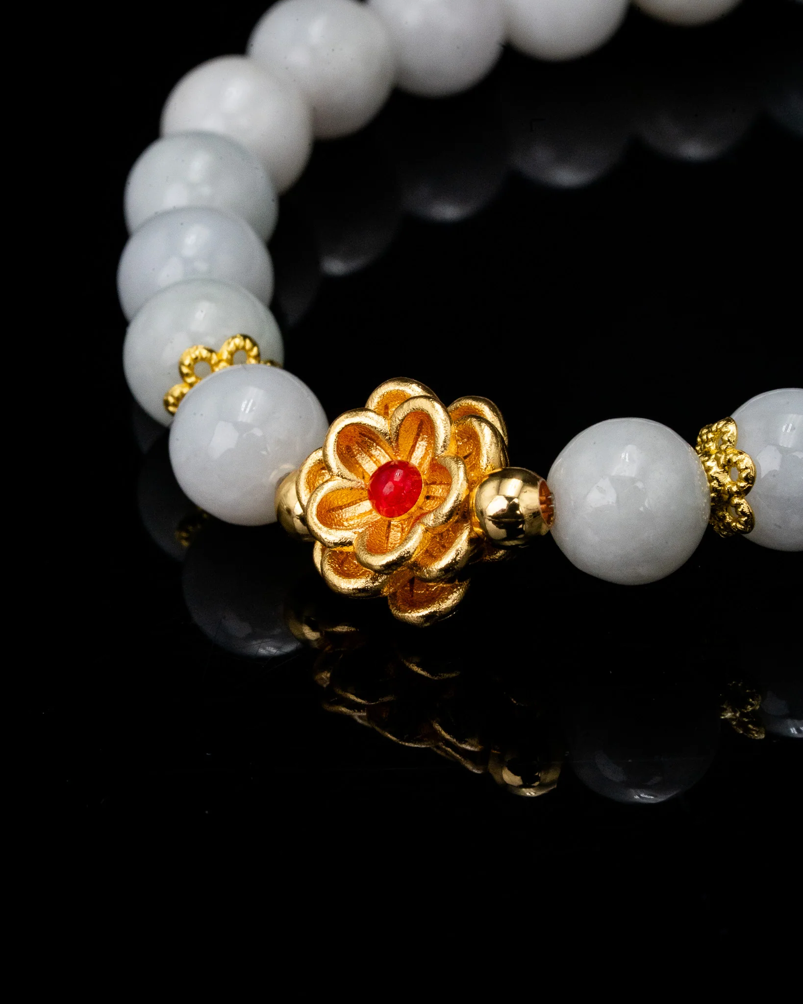 Gold Blooming Flower White Beaded Jade Bracelet - Image 3