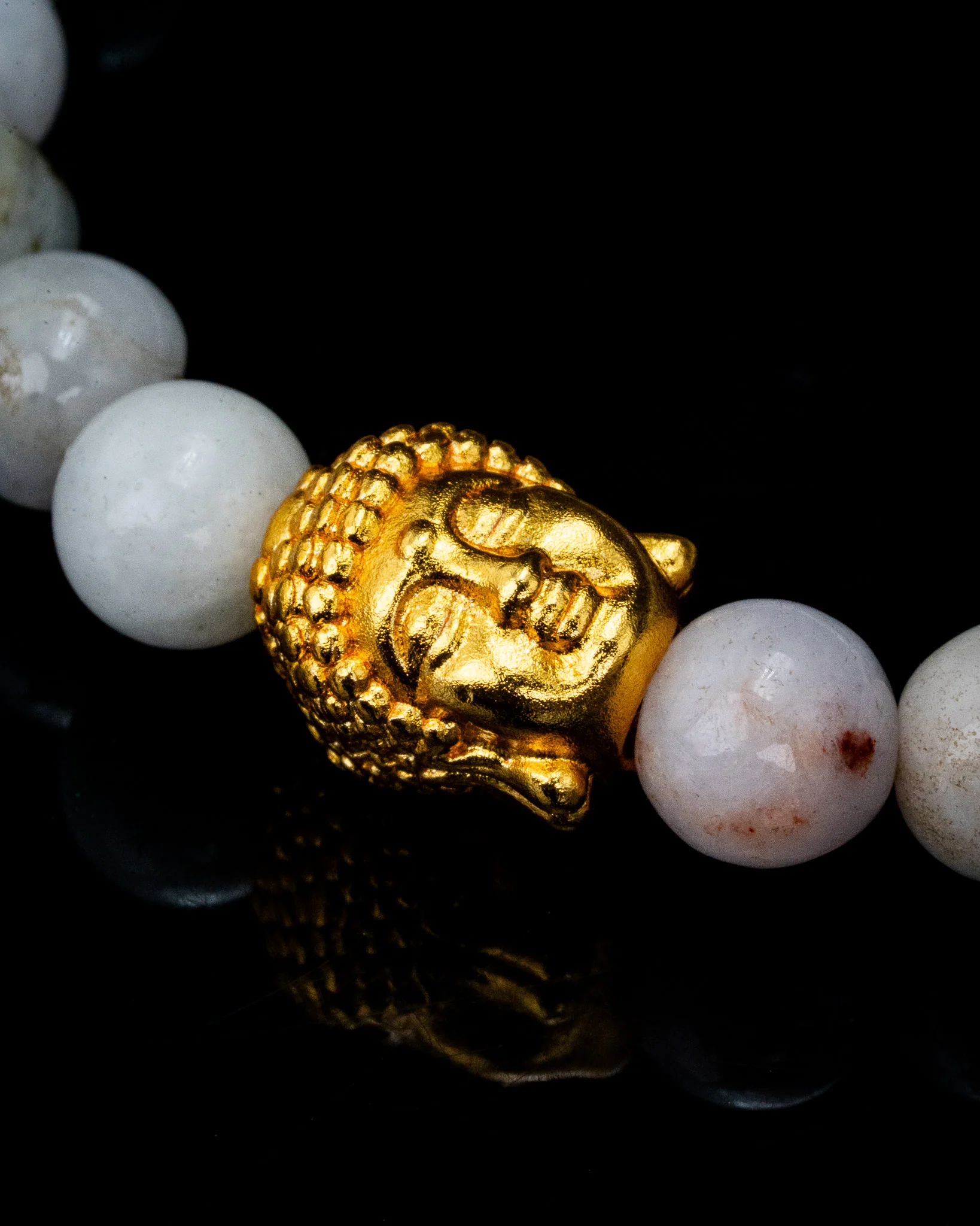 Gold Buddha Head White Beaded Jade Bracelet