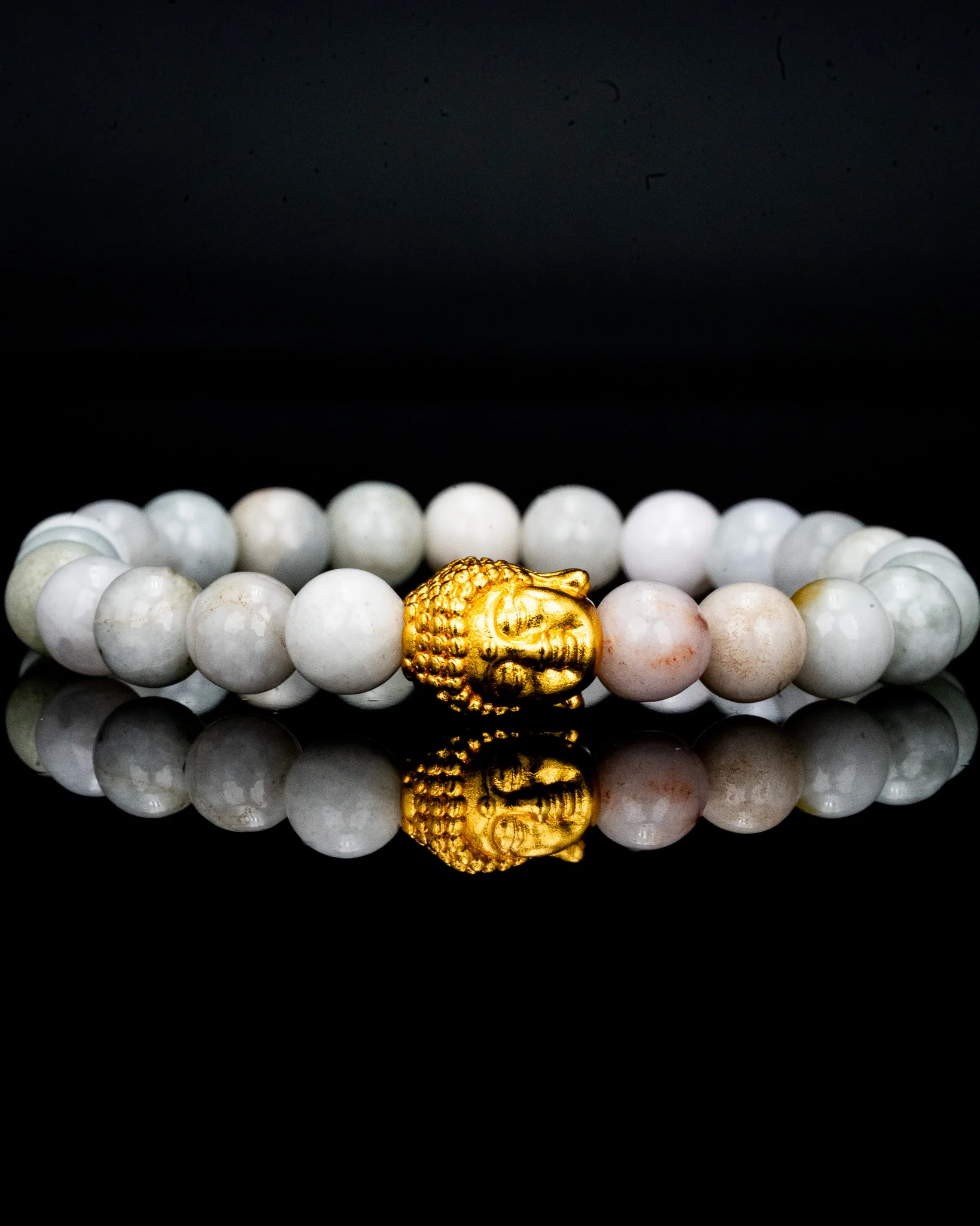 Gold Buddha Head White Beaded Jade Bracelet - Image 2