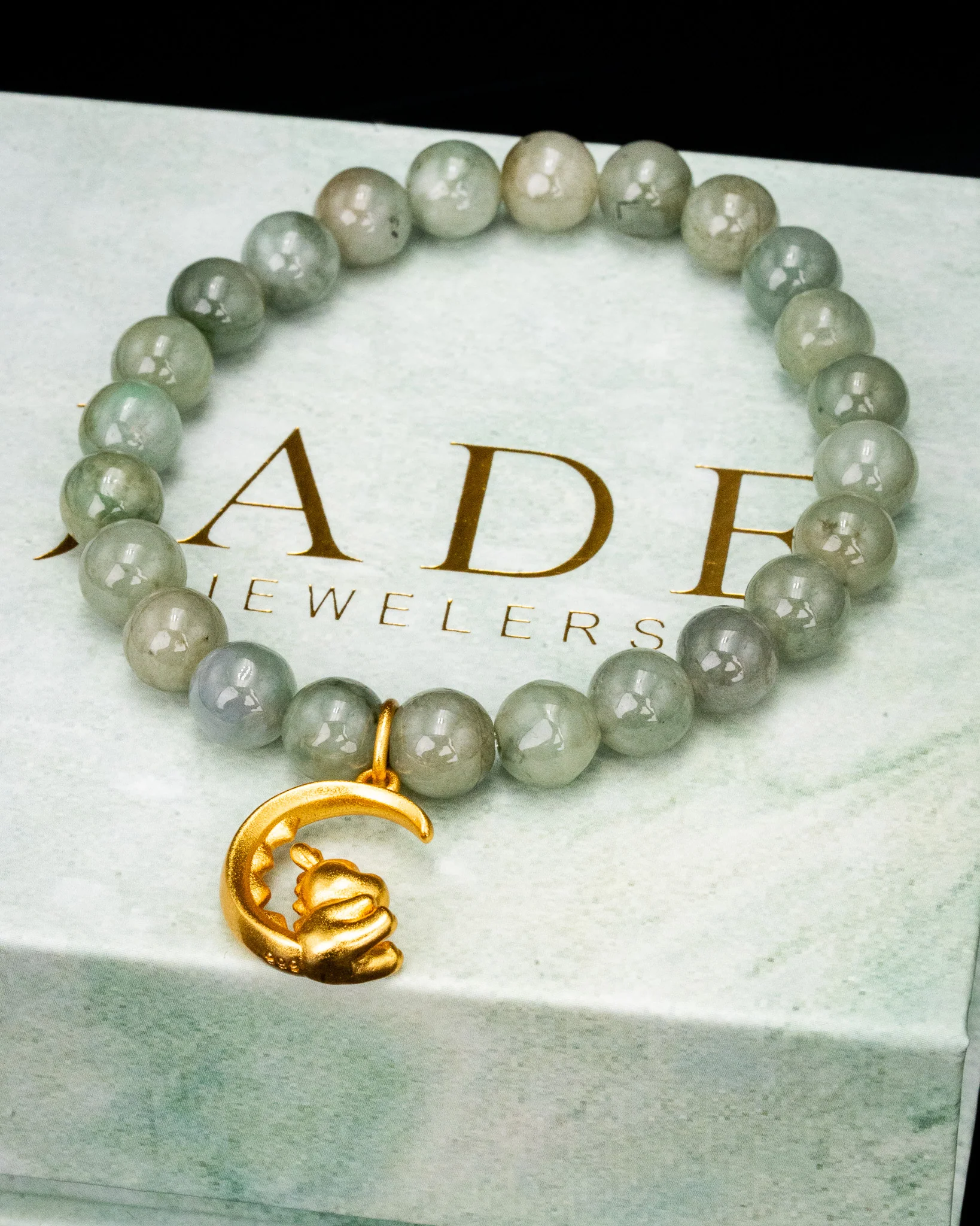 Gold Dino Crescent Moon Green Beaded Jade Bracelet - Image 2