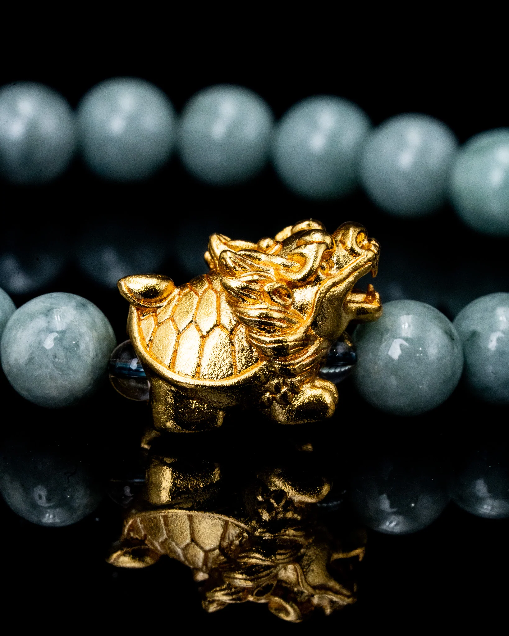Gold Dragon Turtle Charm Beaded Jade Bracelet - Image 2