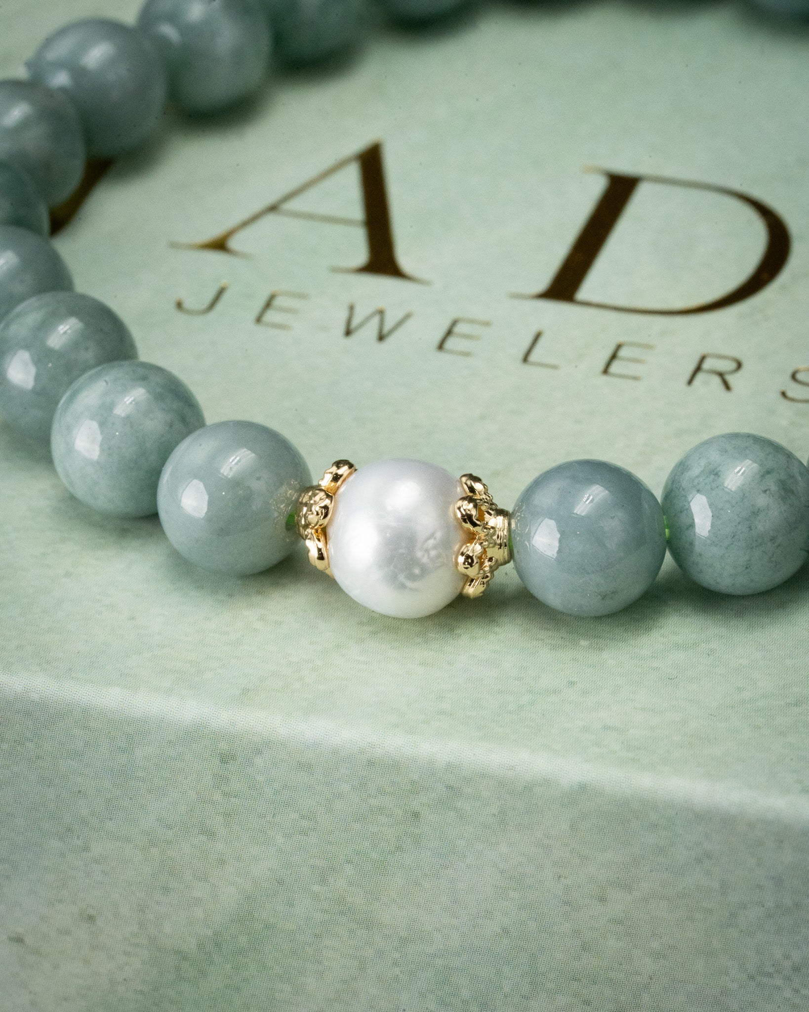 Gold Floral Pearl Blue Water Beaded Jade Bracelet - Image 2