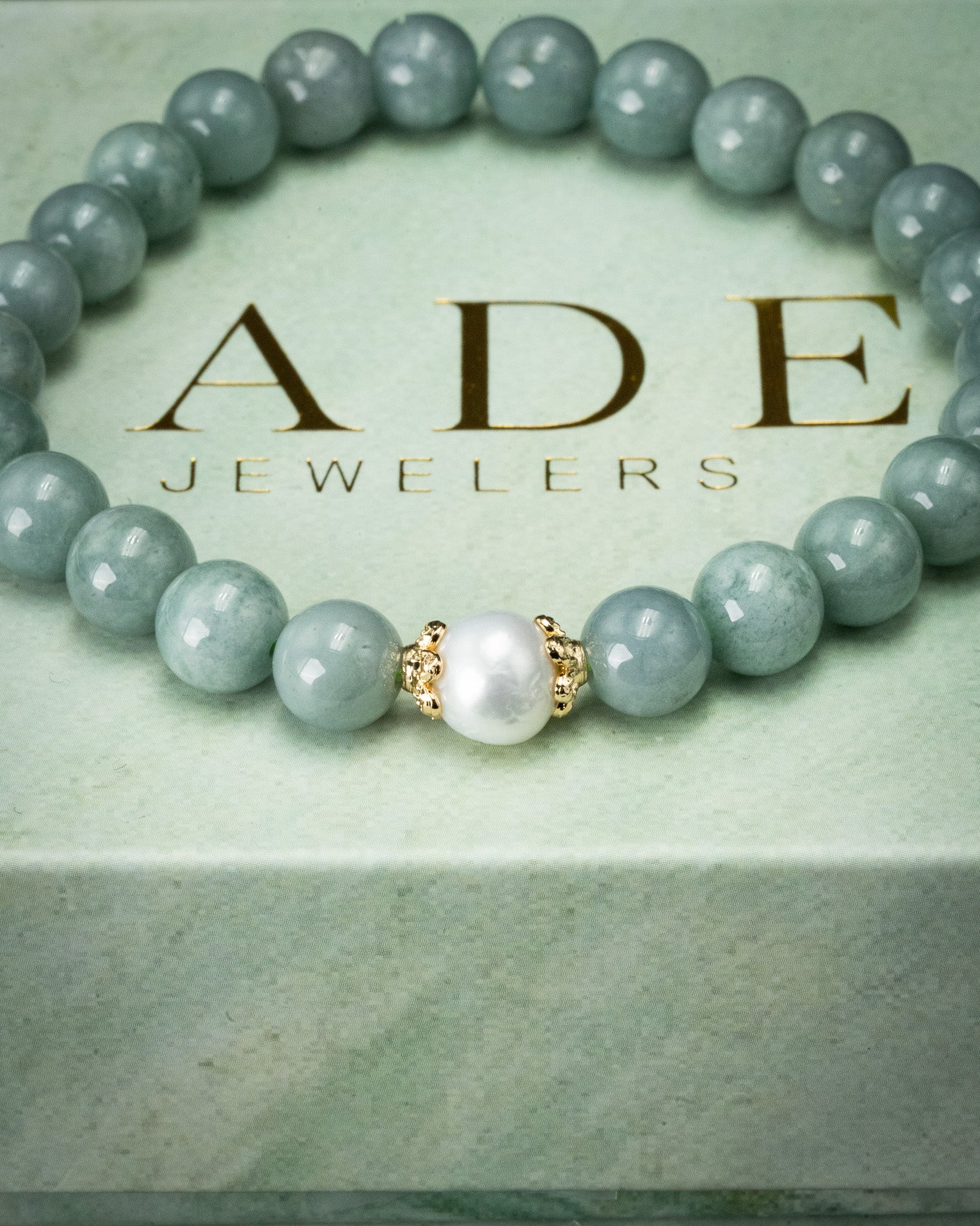 Gold Floral Pearl Blue Water Beaded Jade Bracelet - Image 3