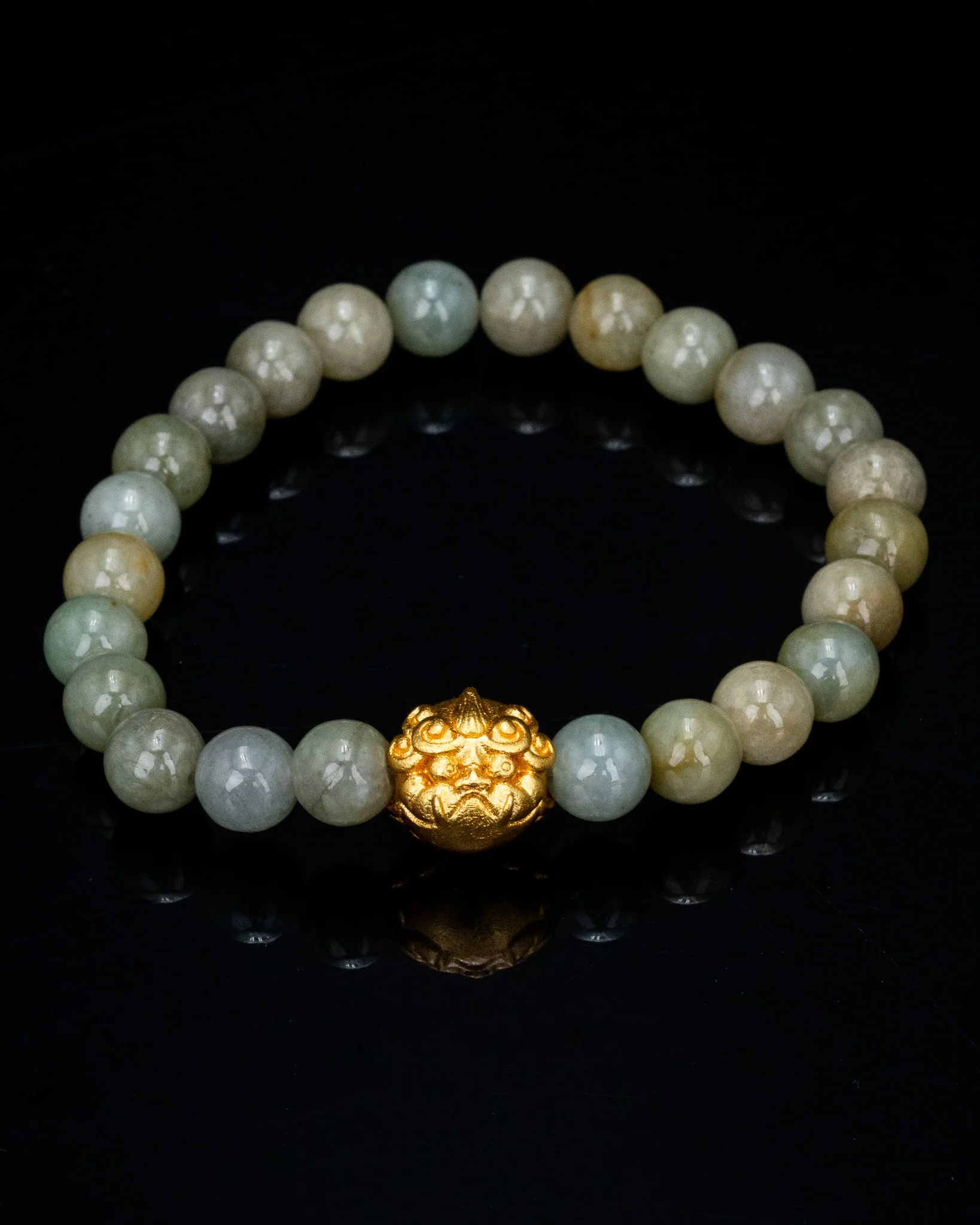 Gold Fu Dog Head Green Beaded Jade Bracelet - Image 3