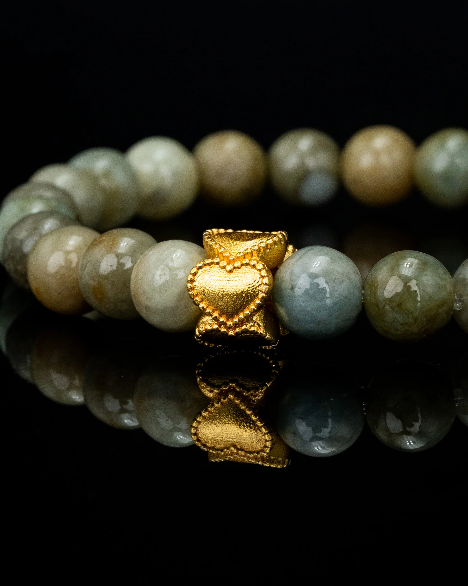 Gold Hearted Green Beaded Jade Bracelet - Image 2