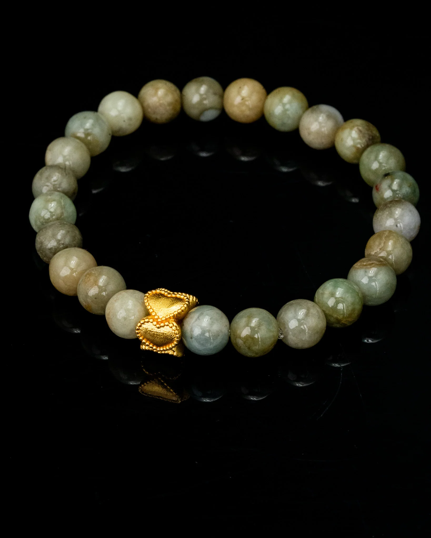 Gold Hearted Green Beaded Jade Bracelet - Image 3