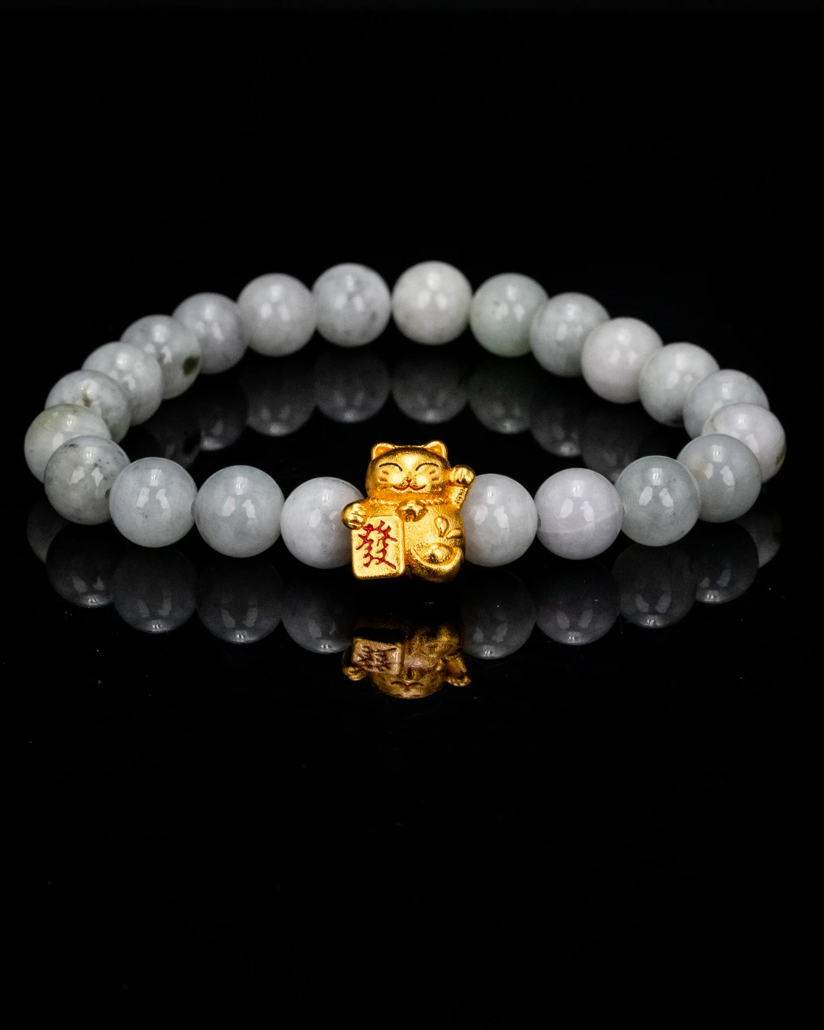 Gold Lucky Cat White Beaded Jade Bracelet - Image 2