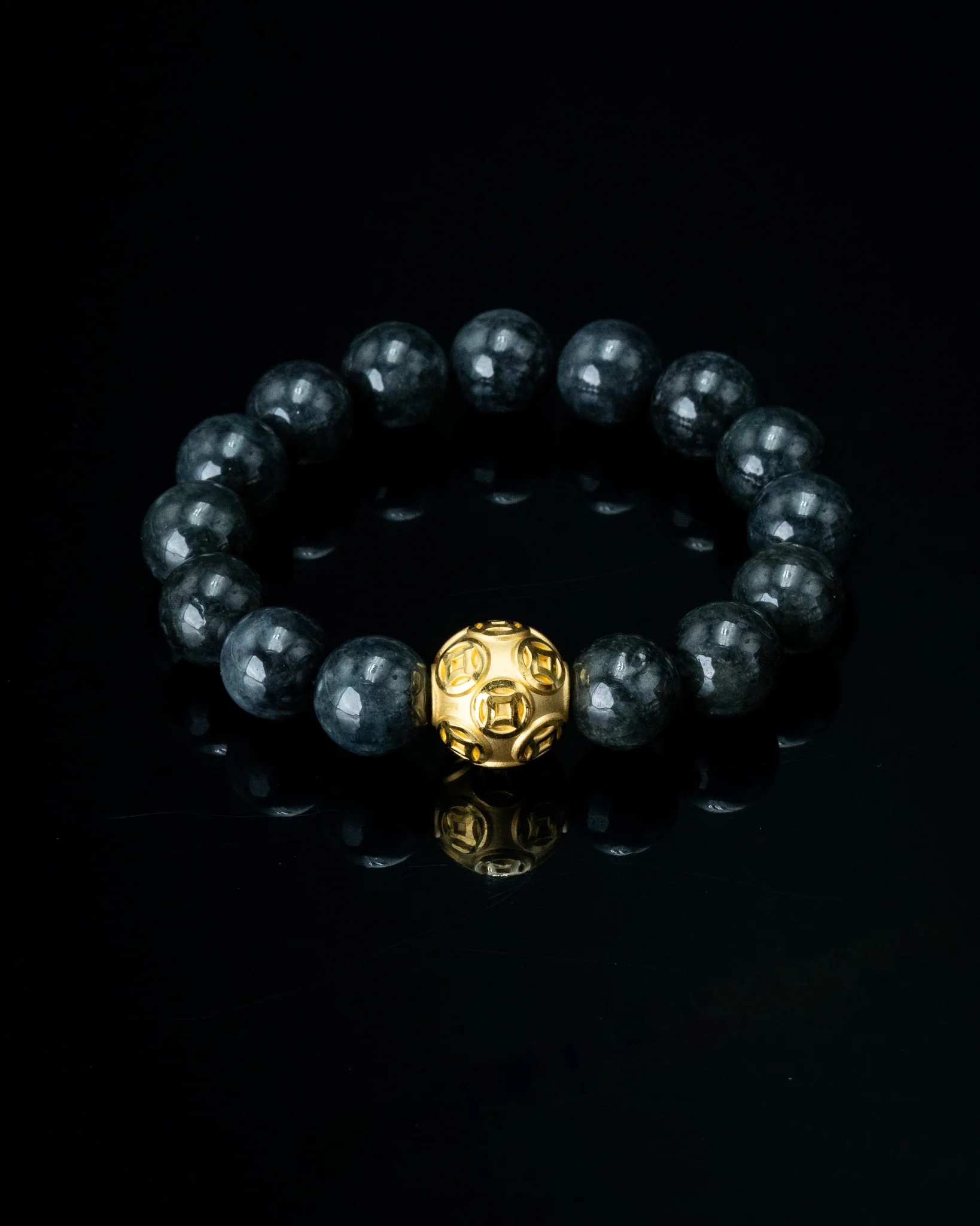 Gold Lucky Coin Ball Charm Large Black Beaded Bracelet - Image 3