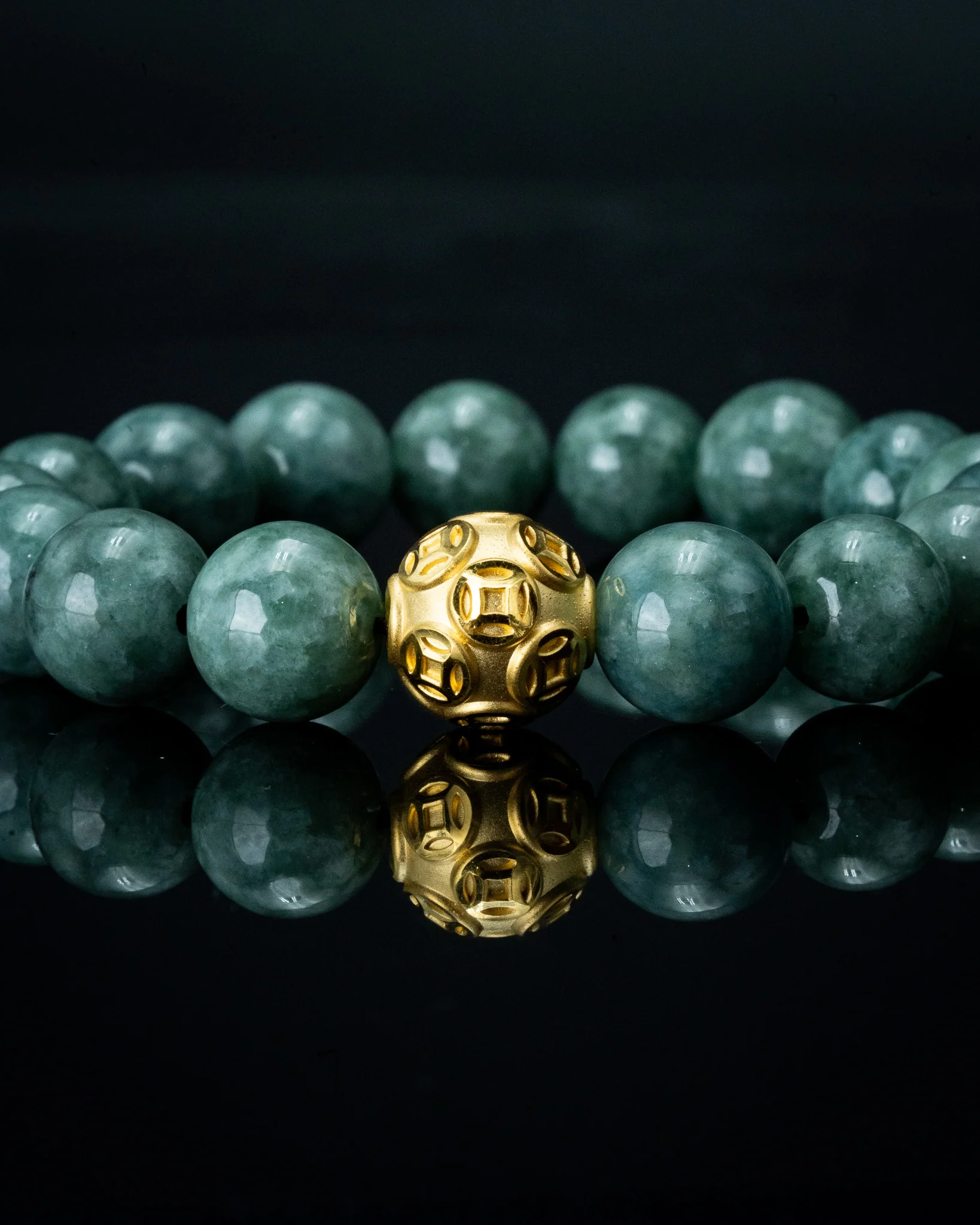 Gold Lucky Coin Ball Charm Large Green Beaded Jade Bracelet - Image 3