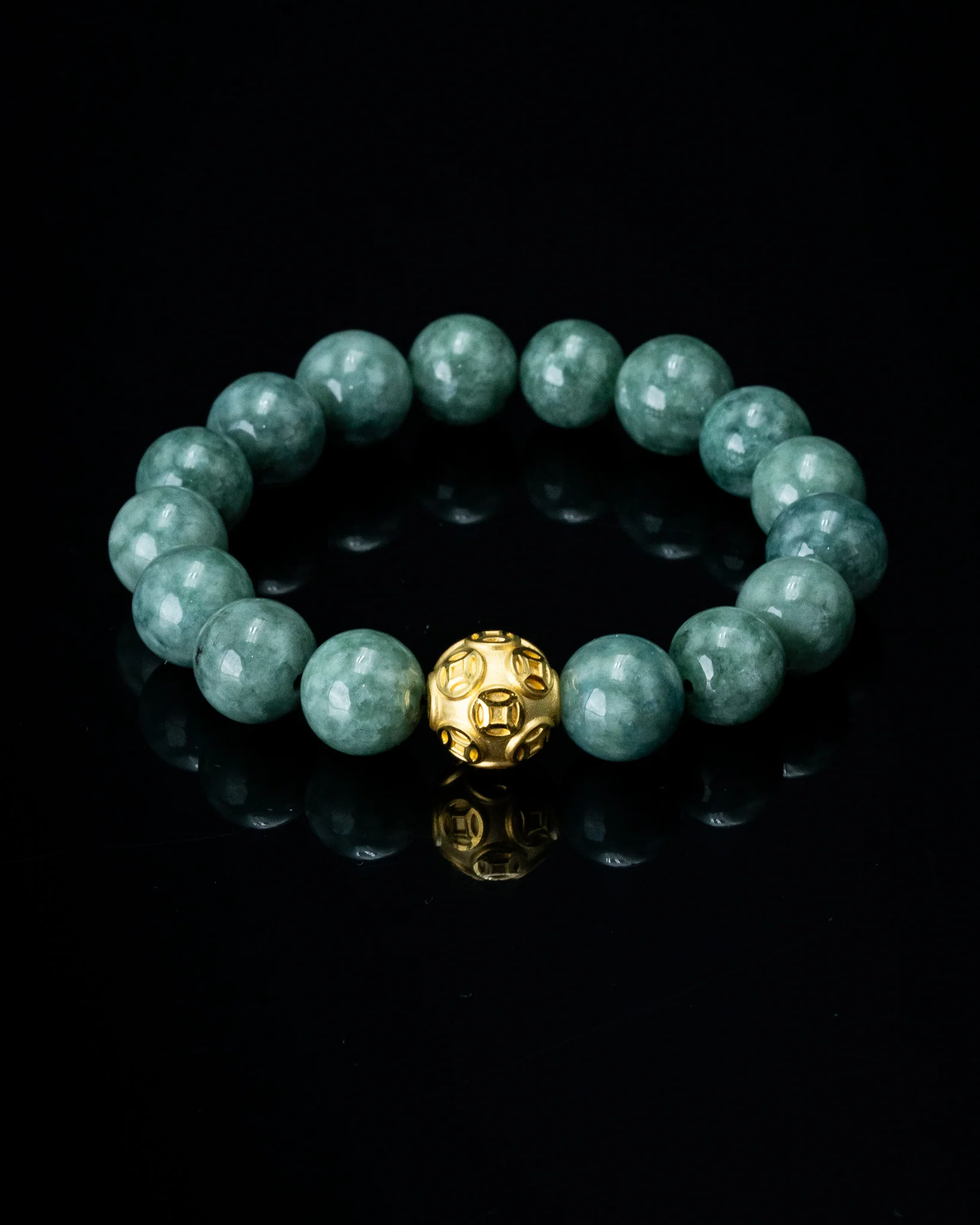 Gold Lucky Coin Ball Charm Large Green Beaded Jade Bracelet - Image 4
