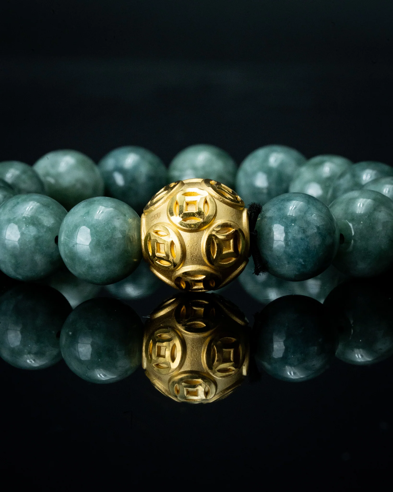 Gold Lucky Coin Ball Charm Large Green Beaded Jade Bracelet - Image 5