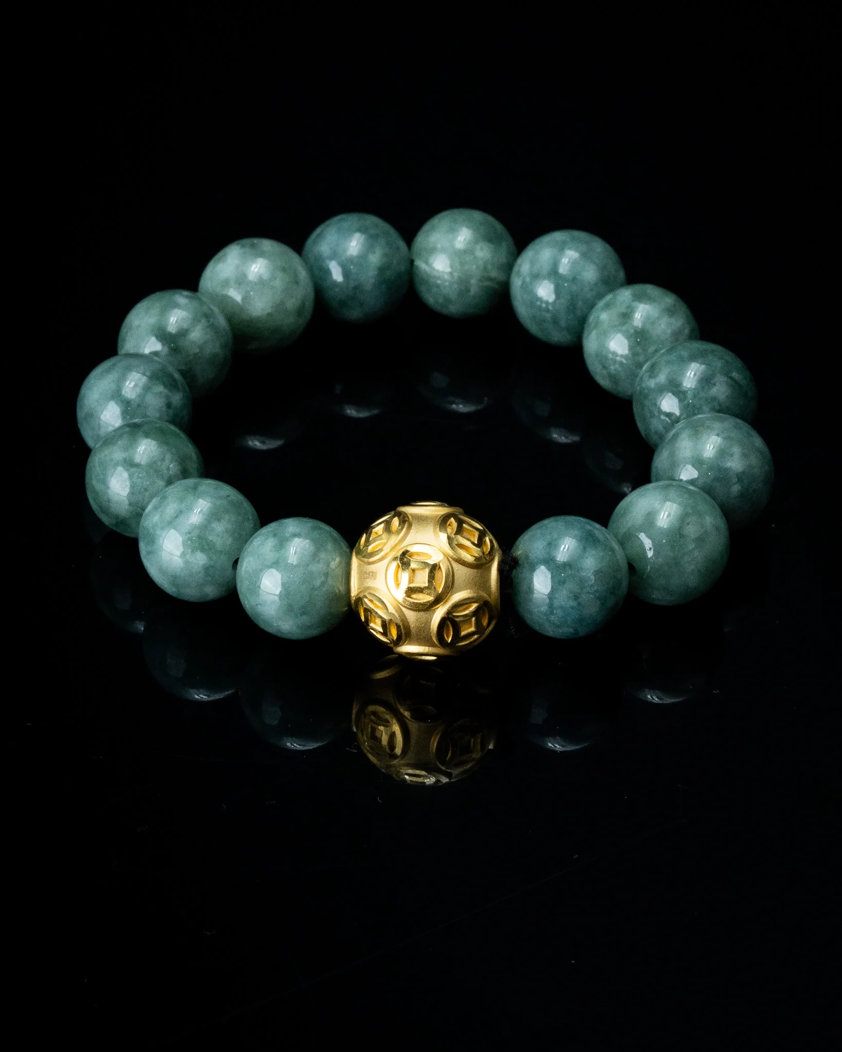 Gold Lucky Coin Ball Charm Large Green Beaded Jade Bracelet - Image 6