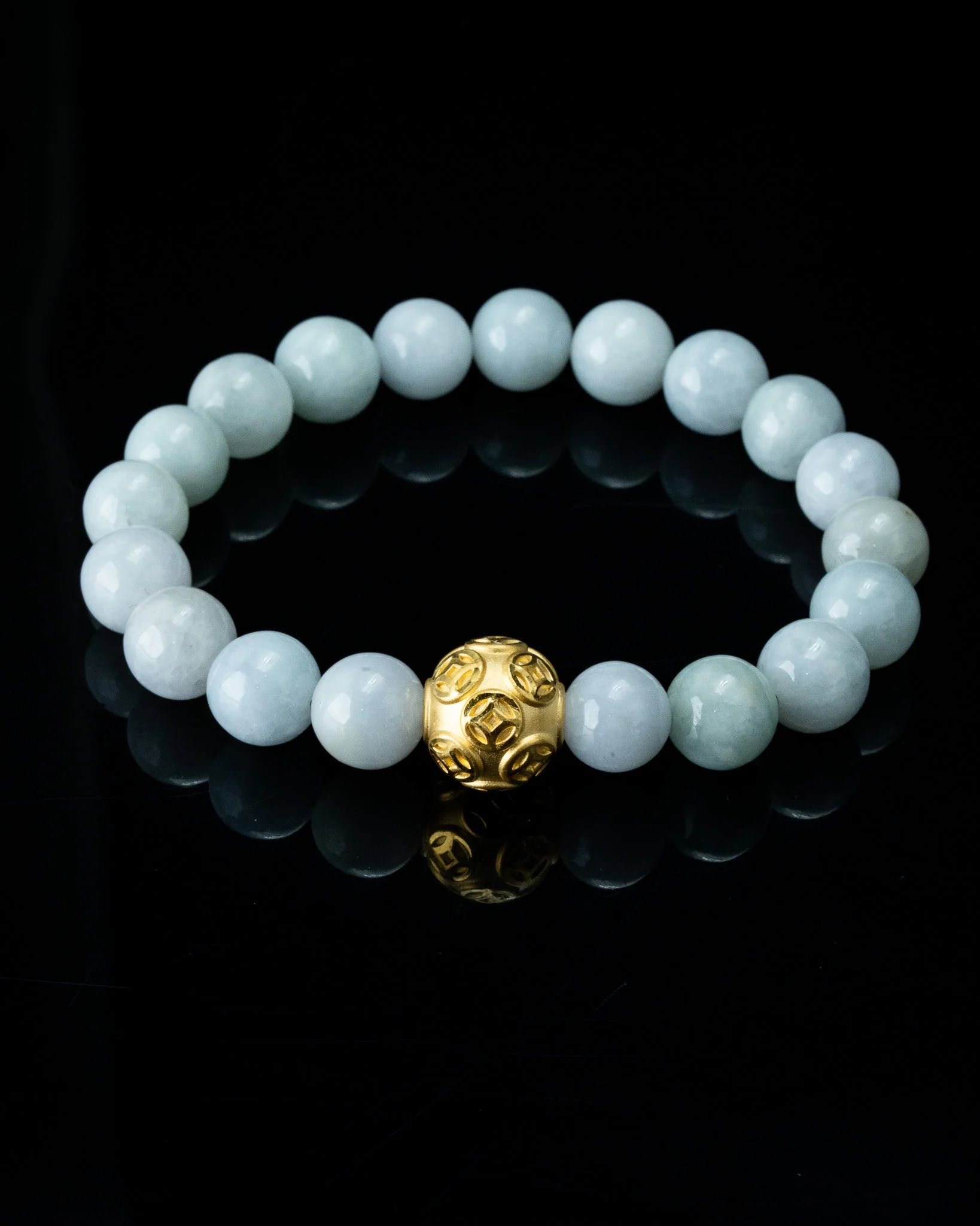 Gold Lucky Coin Ball Charm White Beaded Jade Bracelet - Image 3