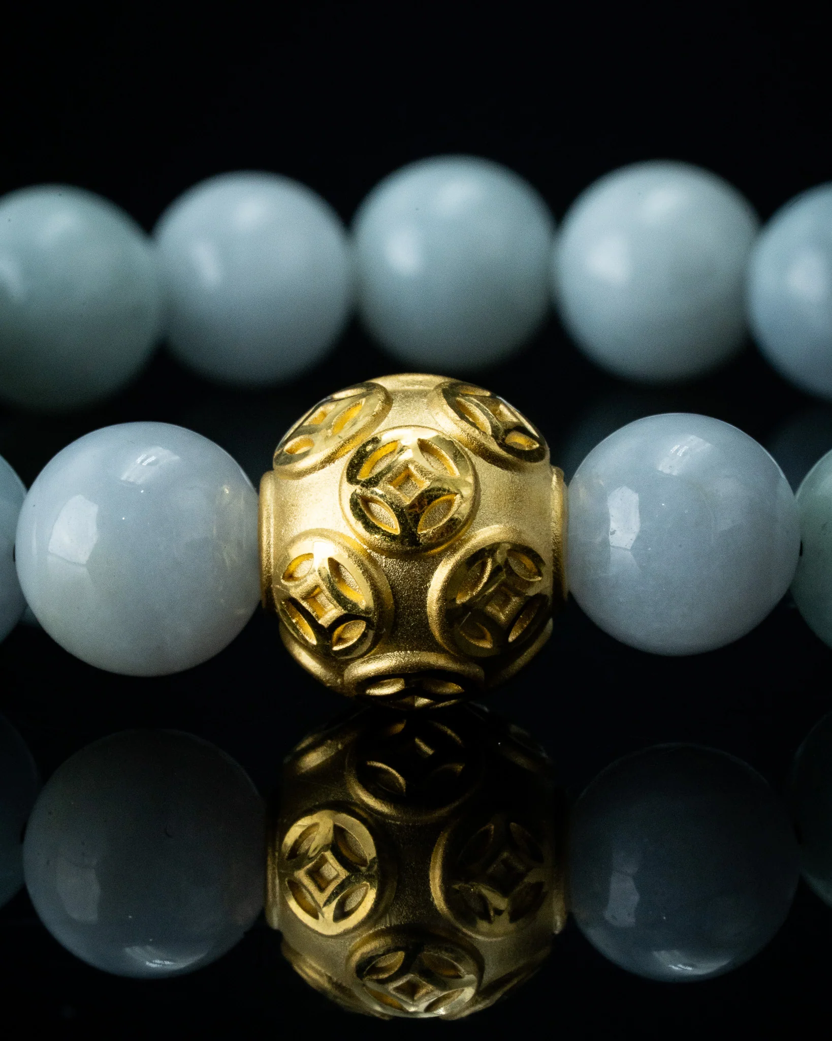 Gold Lucky Coin Ball Charm White Beaded Jade Bracelet - Image 4