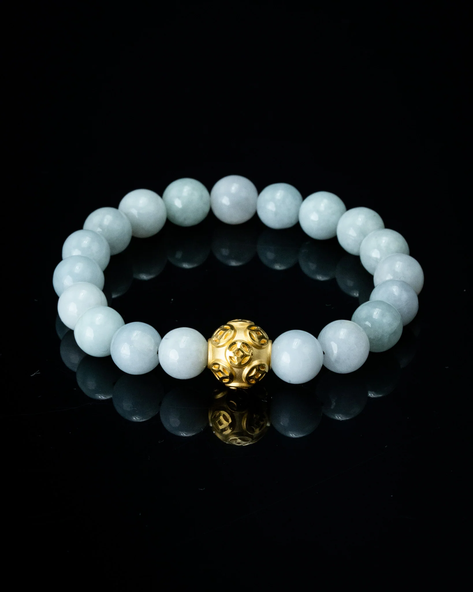 Gold Lucky Coin Ball Charm White Beaded Jade Bracelet - Image 5
