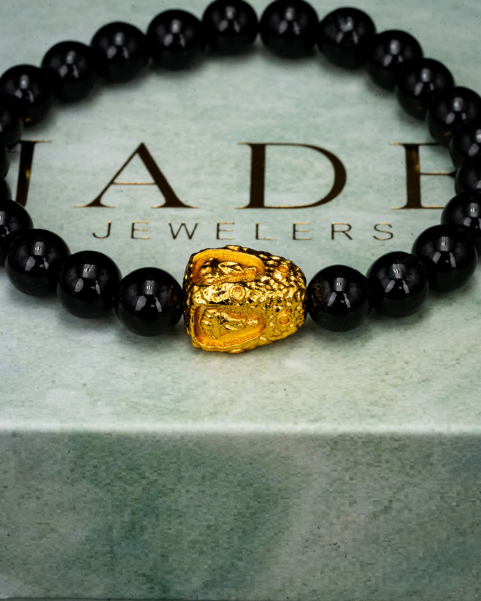Gold Meditating Buddha Charm Black Beaded Jade Bracelet - Image 2