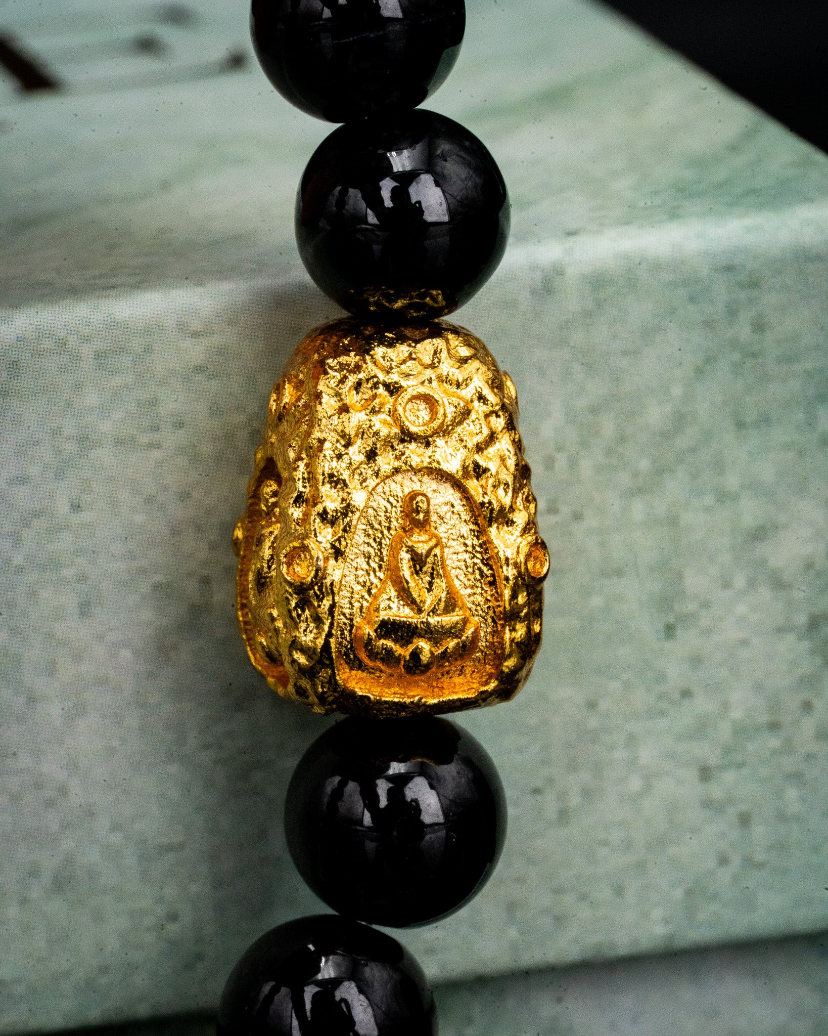 Gold Meditating Buddha Charm Black Beaded Jade Bracelet - Image 3