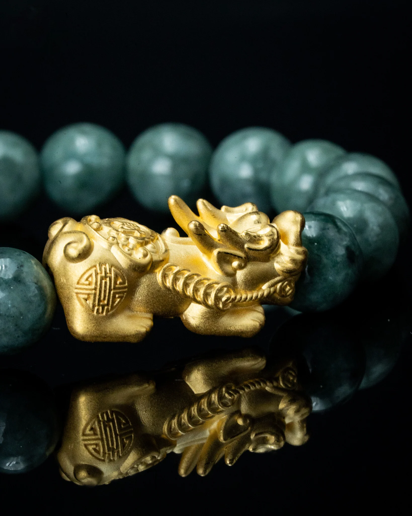 Gold Pixiu Charm Green Beaded Jade Bracelet - Image 3