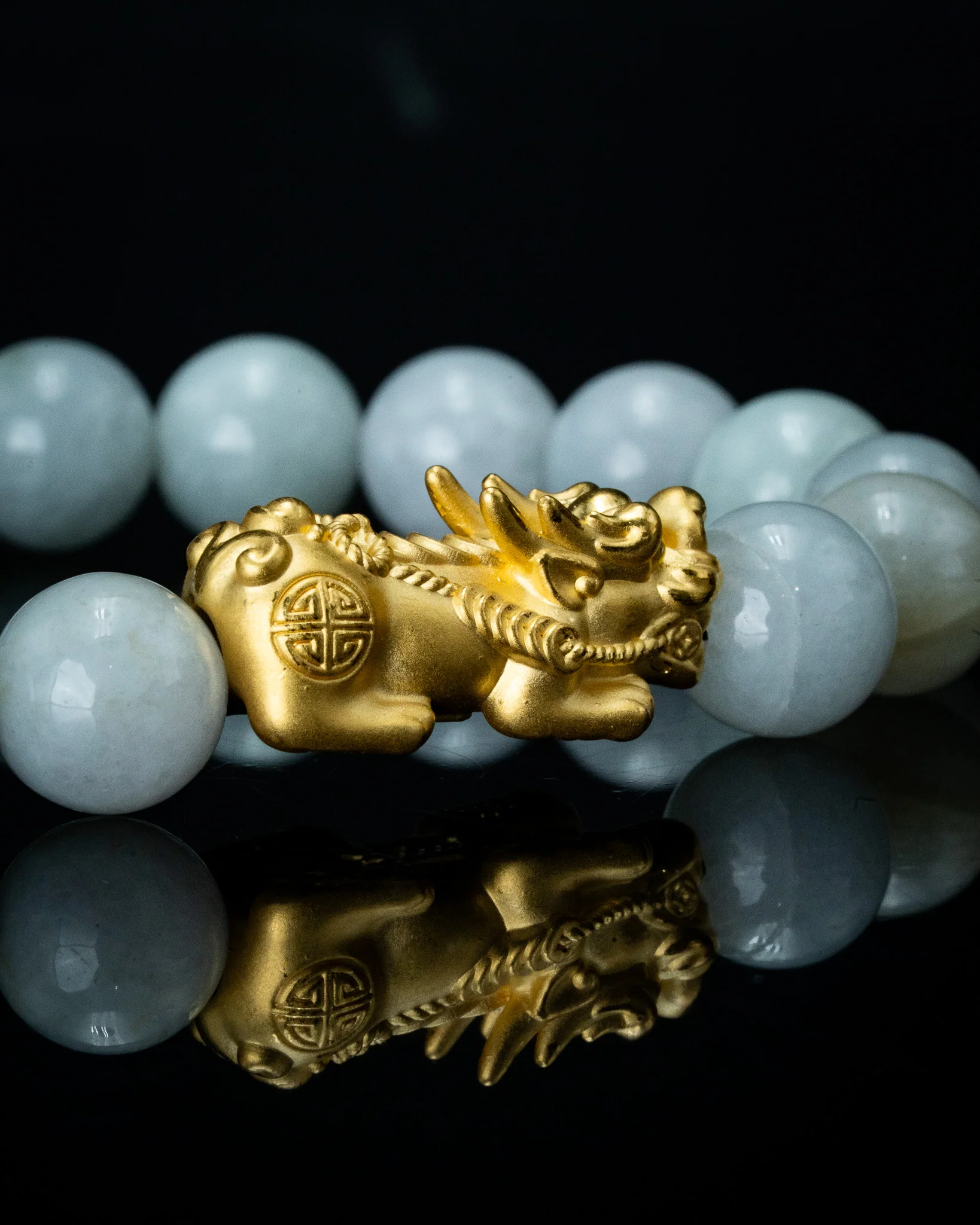 Gold Pixiu Charm Large White Beaded Jade Bracelet - Image 3