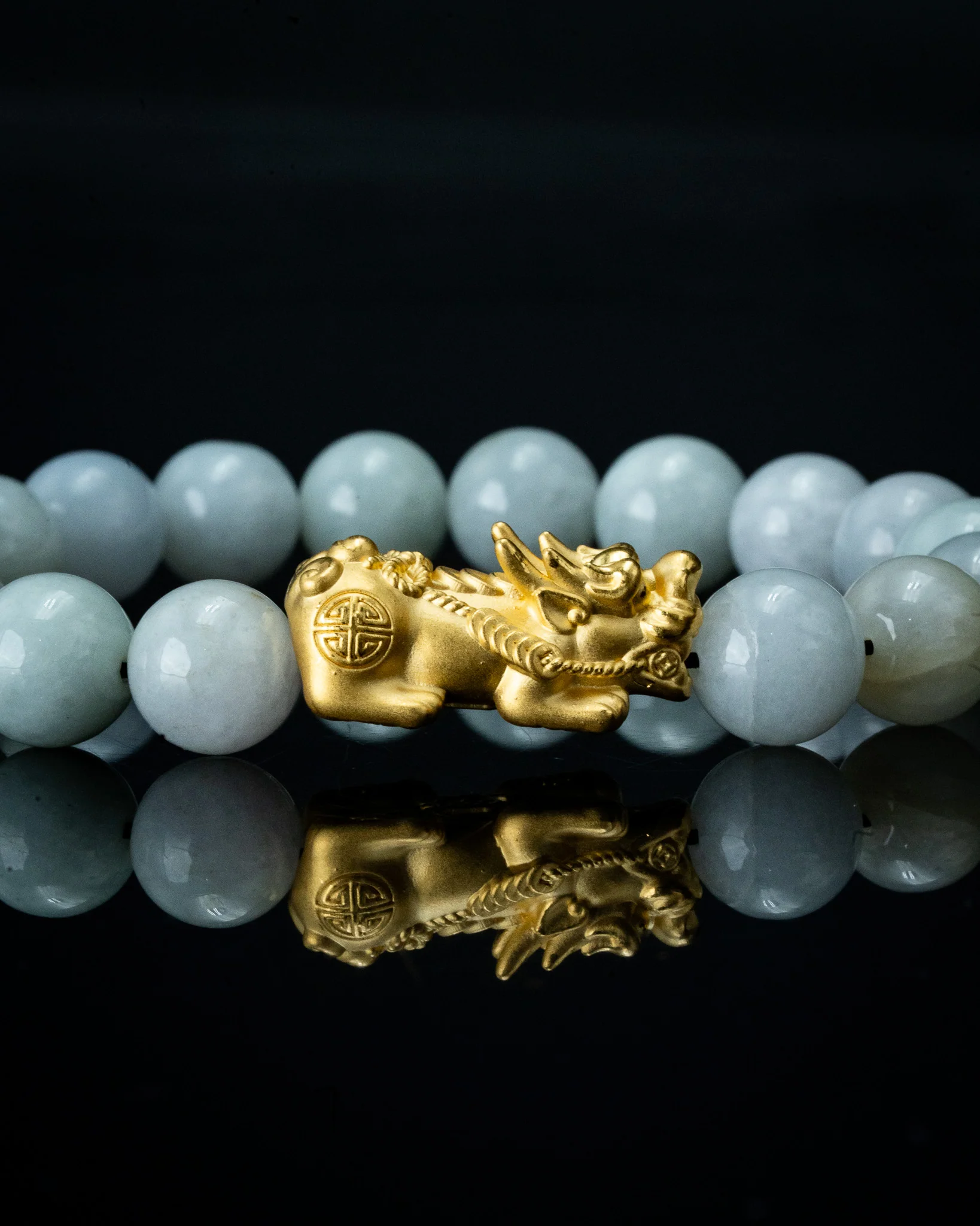 Gold Pixiu Charm Large White Beaded Jade Bracelet - Image 4