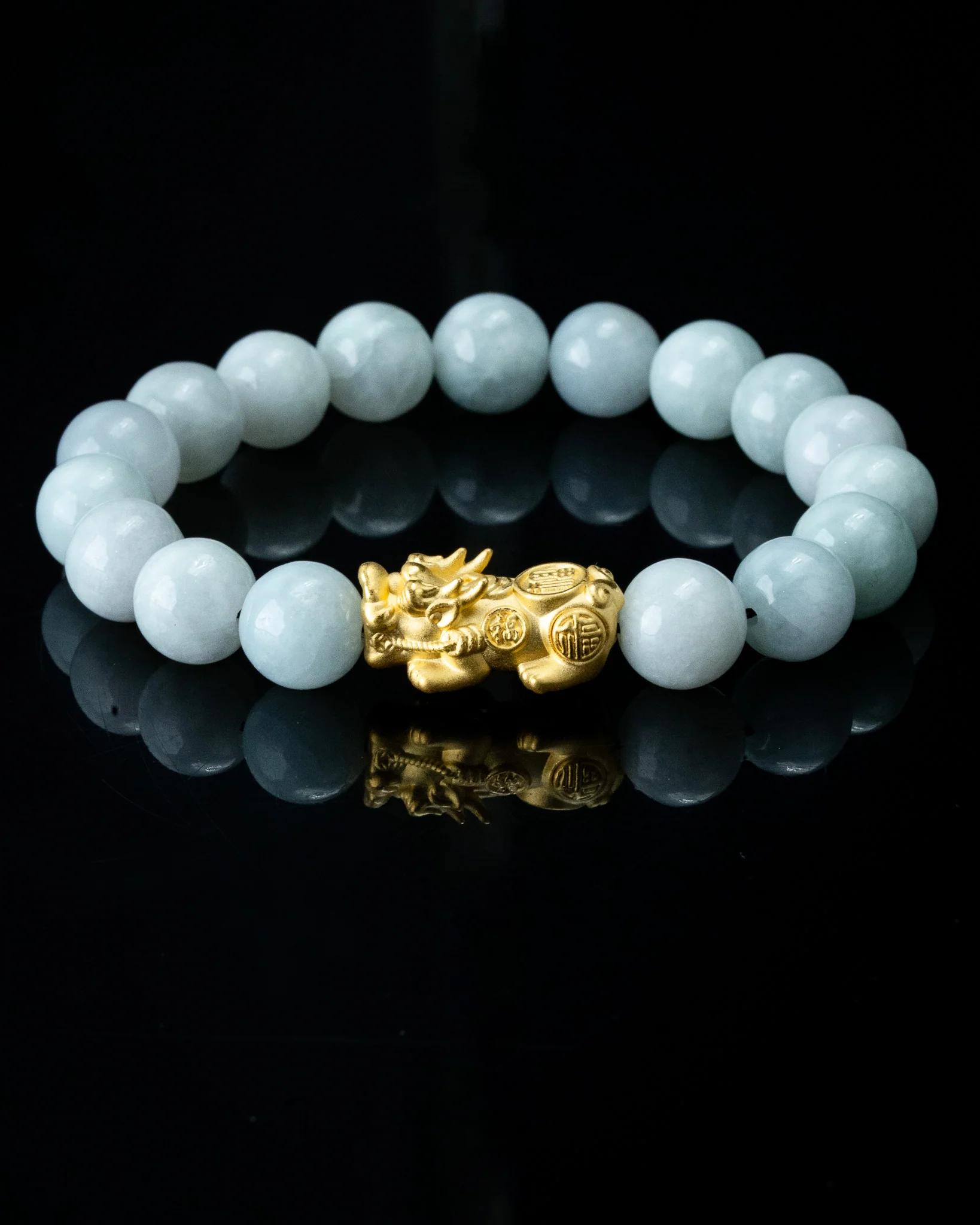 Gold Pixiu Charm Large White Beaded Jade Bracelet - Image 5