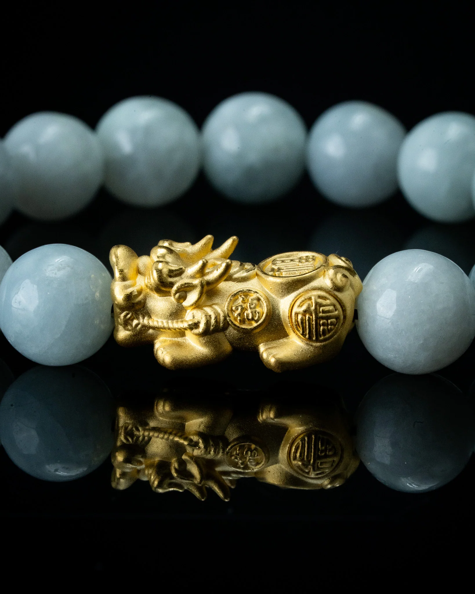 Gold Pixiu Charm Large White Beaded Jade Bracelet - Image 6