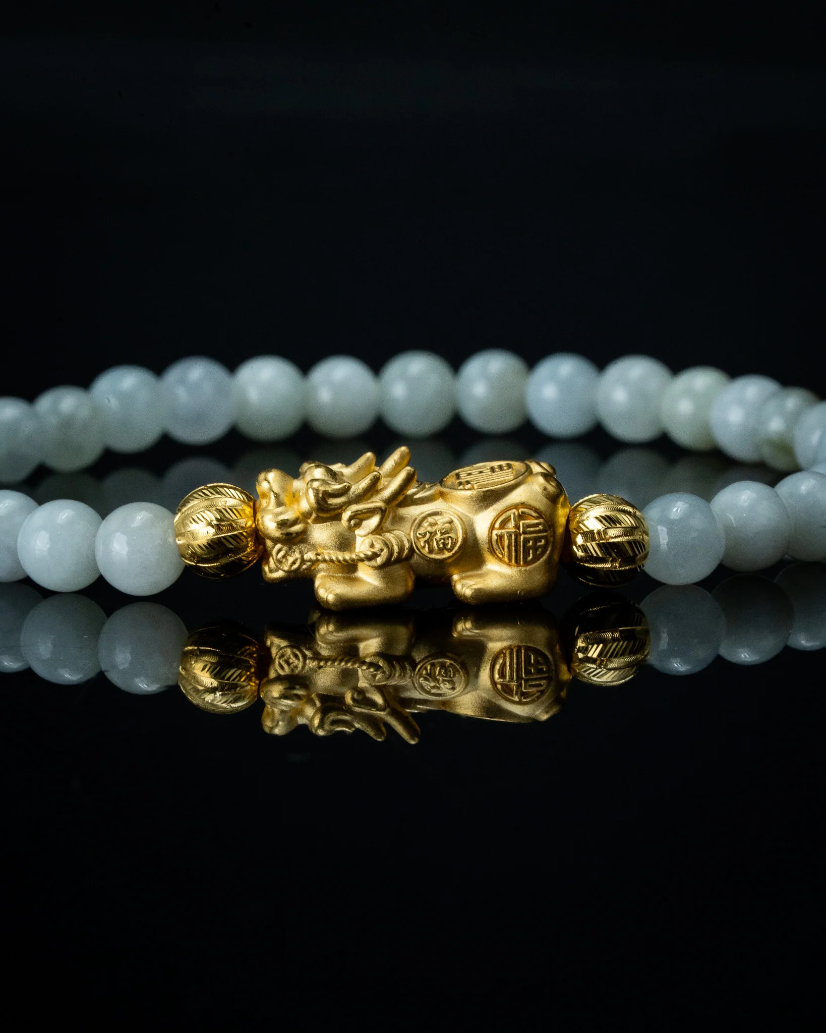 Gold Pixiu Charm Small White Beaded Jade Bracelet