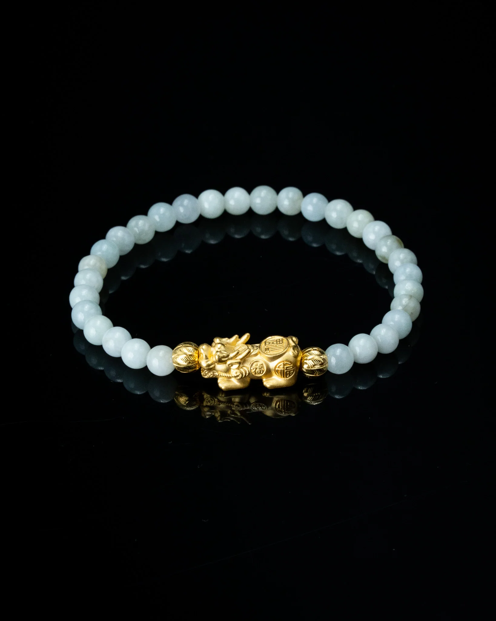 Gold Pixiu Charm Small White Beaded Jade Bracelet - Image 2