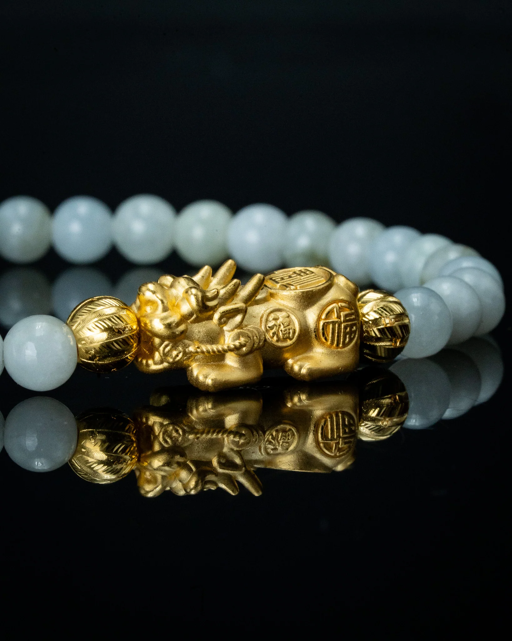 Gold Pixiu Charm Small White Beaded Jade Bracelet - Image 3