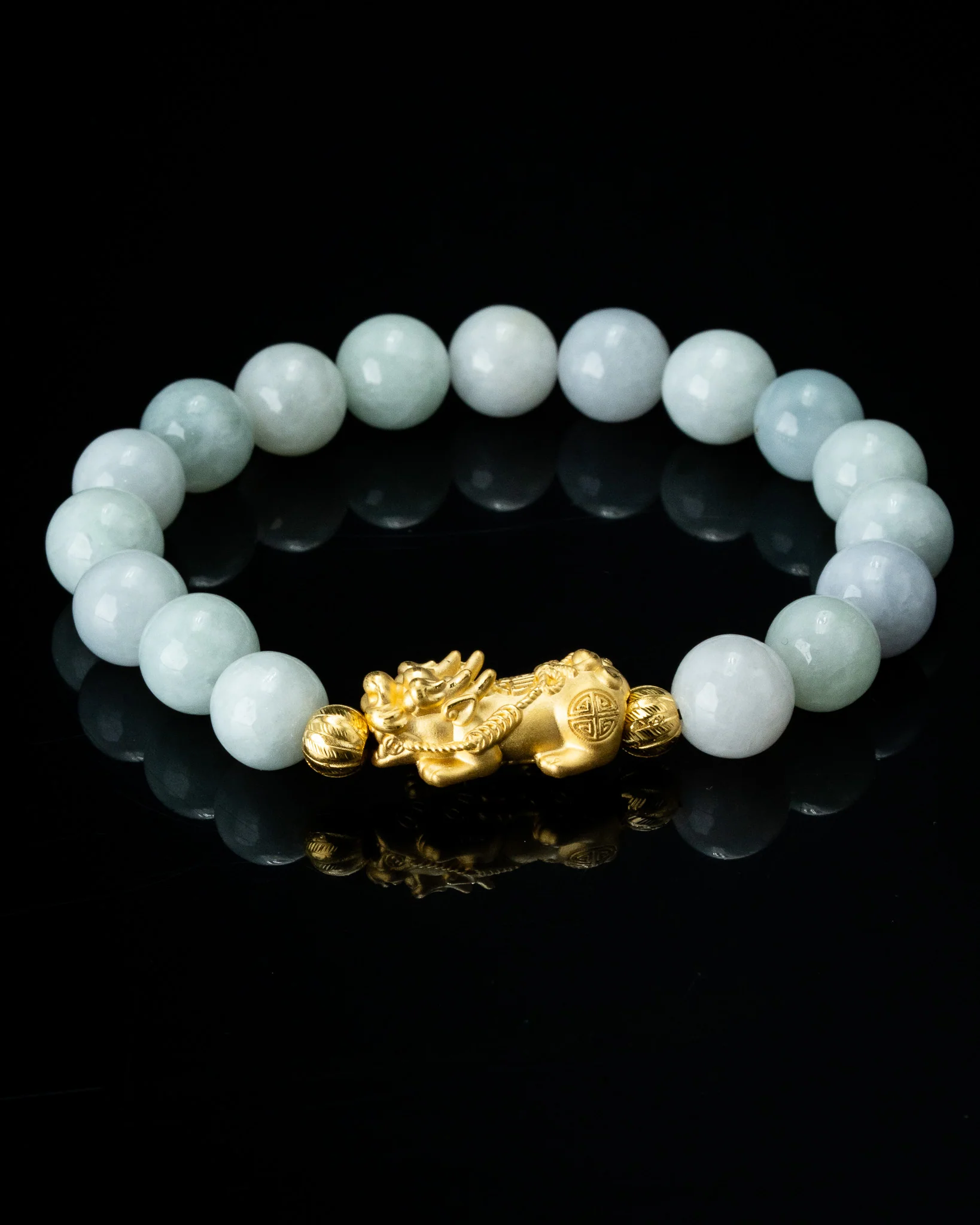Gold Pixiu Charm White Beaded Jade Bracelet - Image 2