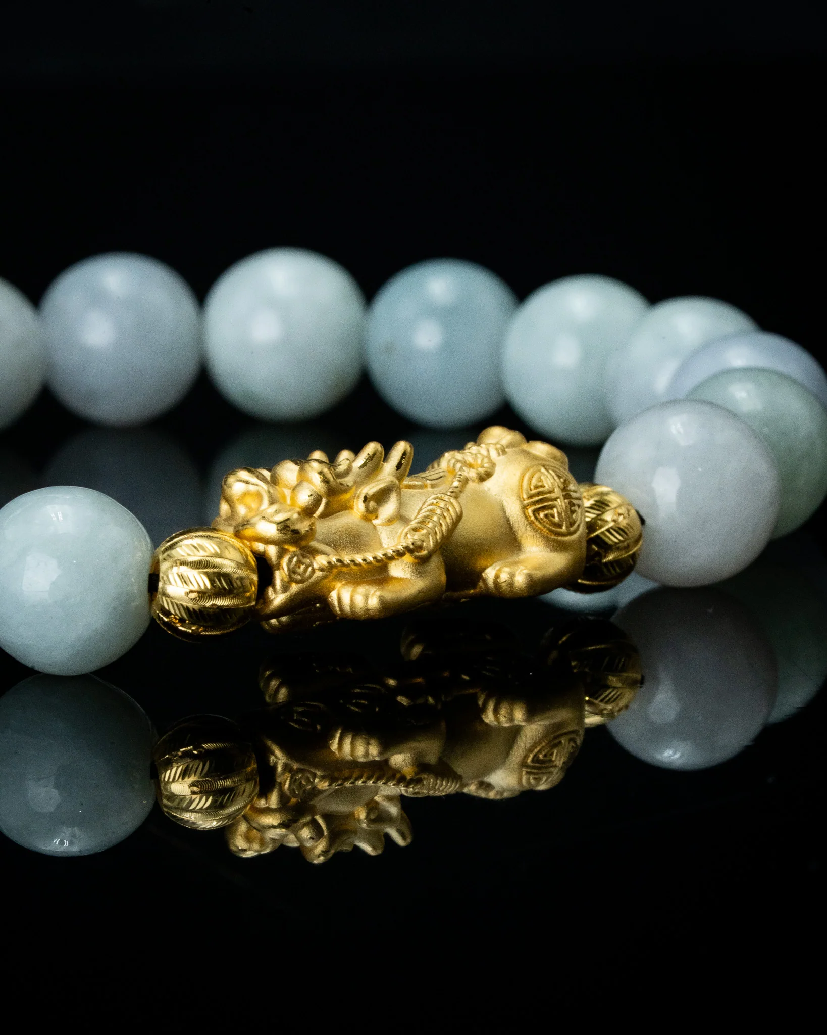 Gold Pixiu Charm White Beaded Jade Bracelet - Image 3