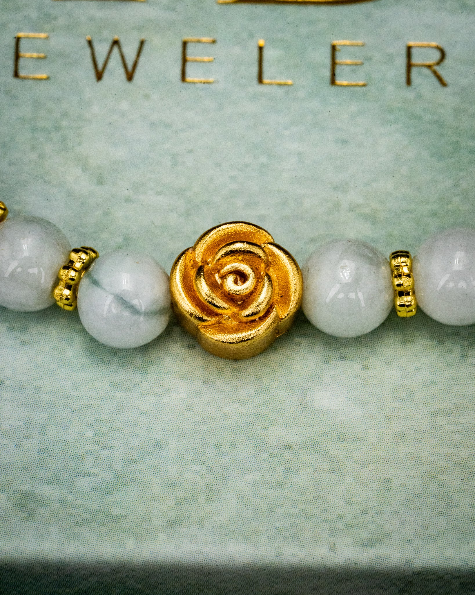Gold Rose White Beaded Jade Bracelet - Image 2