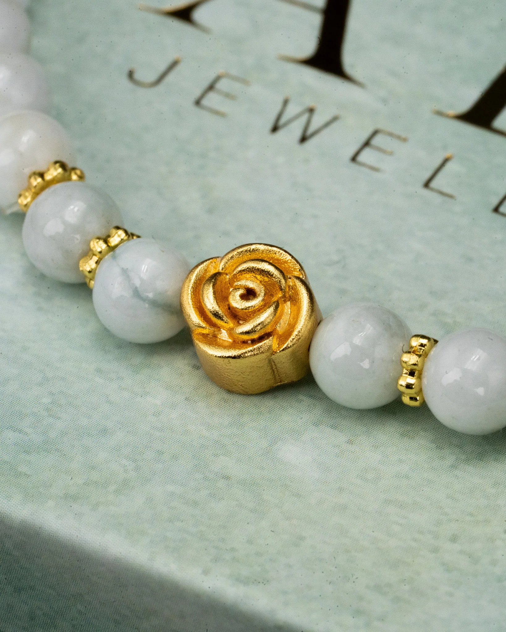 Gold Rose White Beaded Jade Bracelet - Image 3