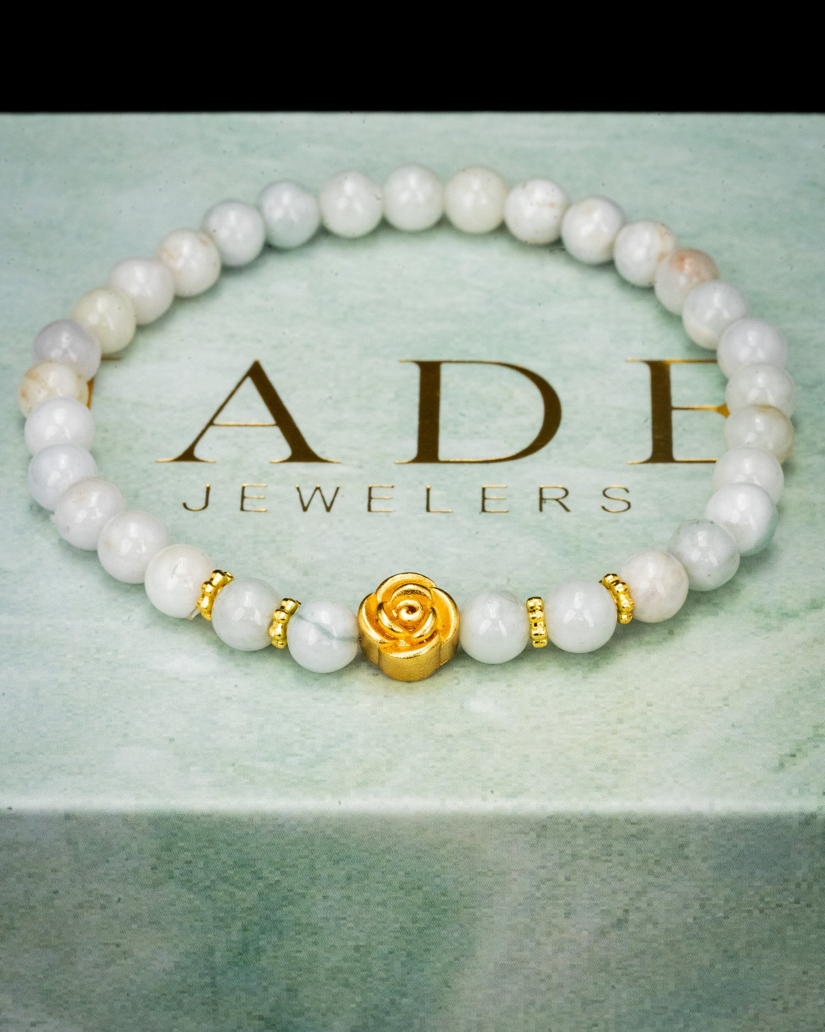 Gold Rose White Beaded Jade Bracelet - Image 4