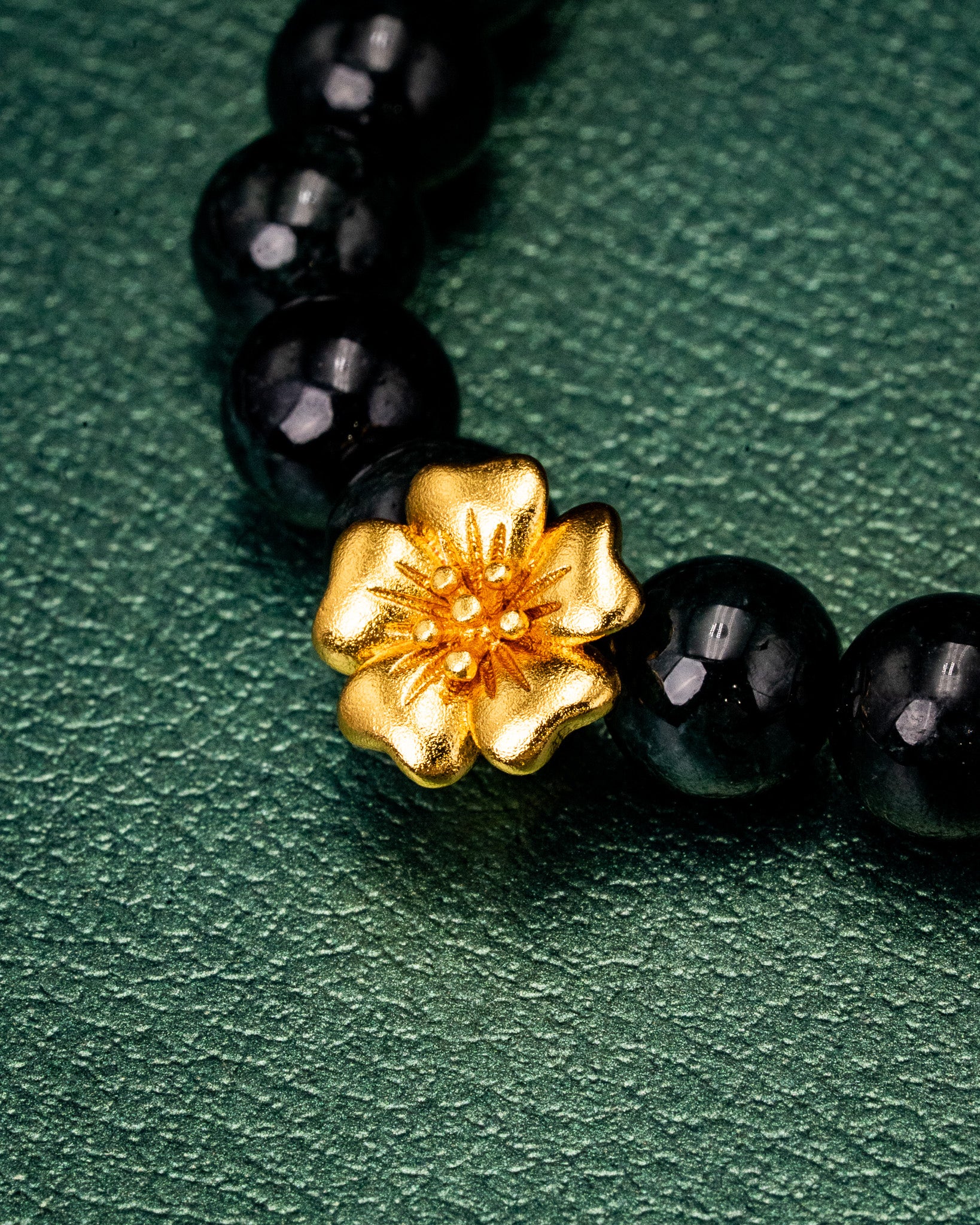 Gold Sakura Charm Black Bead Jade Bracelet