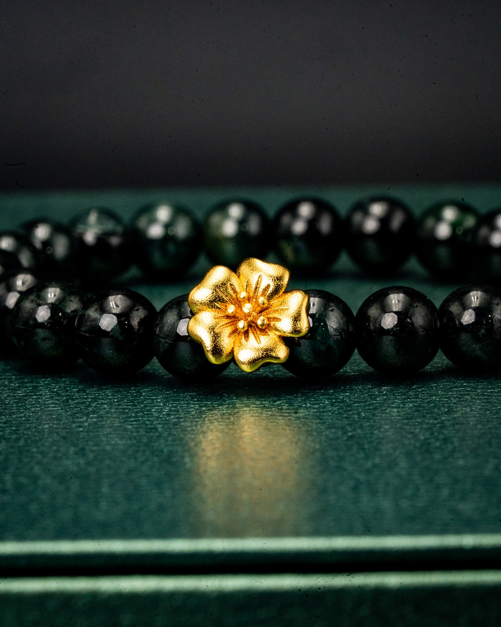 Gold Sakura Charm Black Bead Jade Bracelet - Image 2