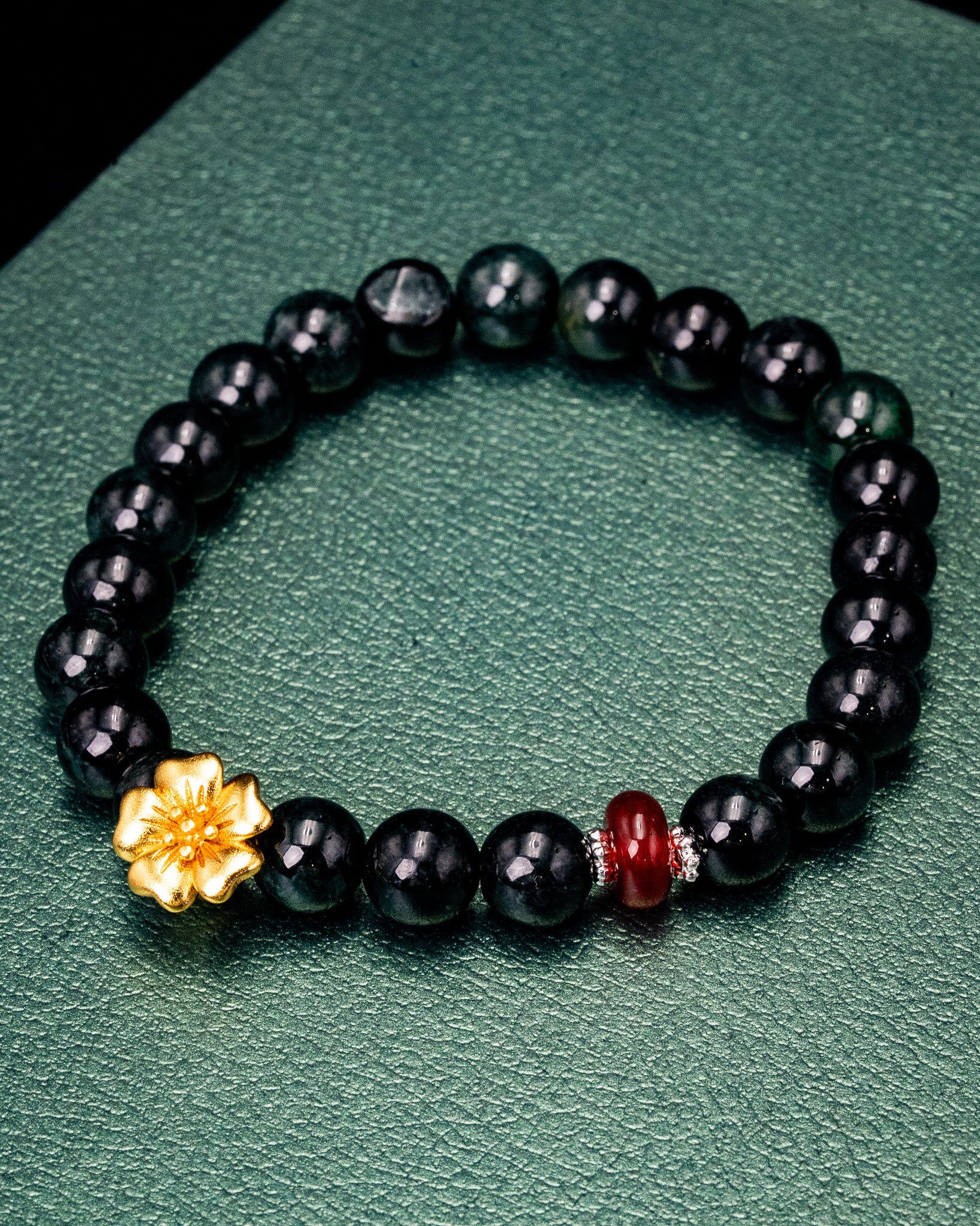 Gold Sakura Charm Black Bead Jade Bracelet - Image 3