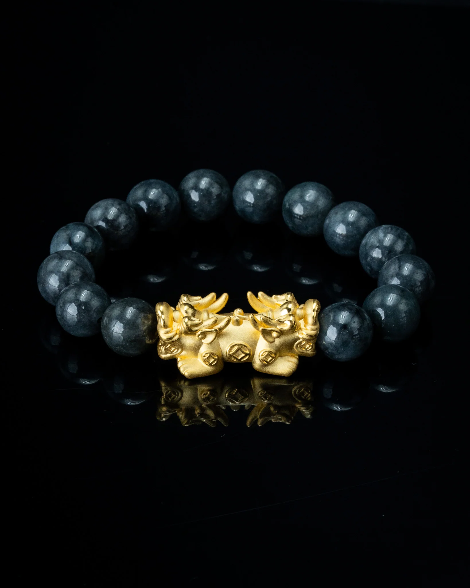 Gold Twin Pixiu Charm Large Black Beaded Jade Bracelet - Image 3